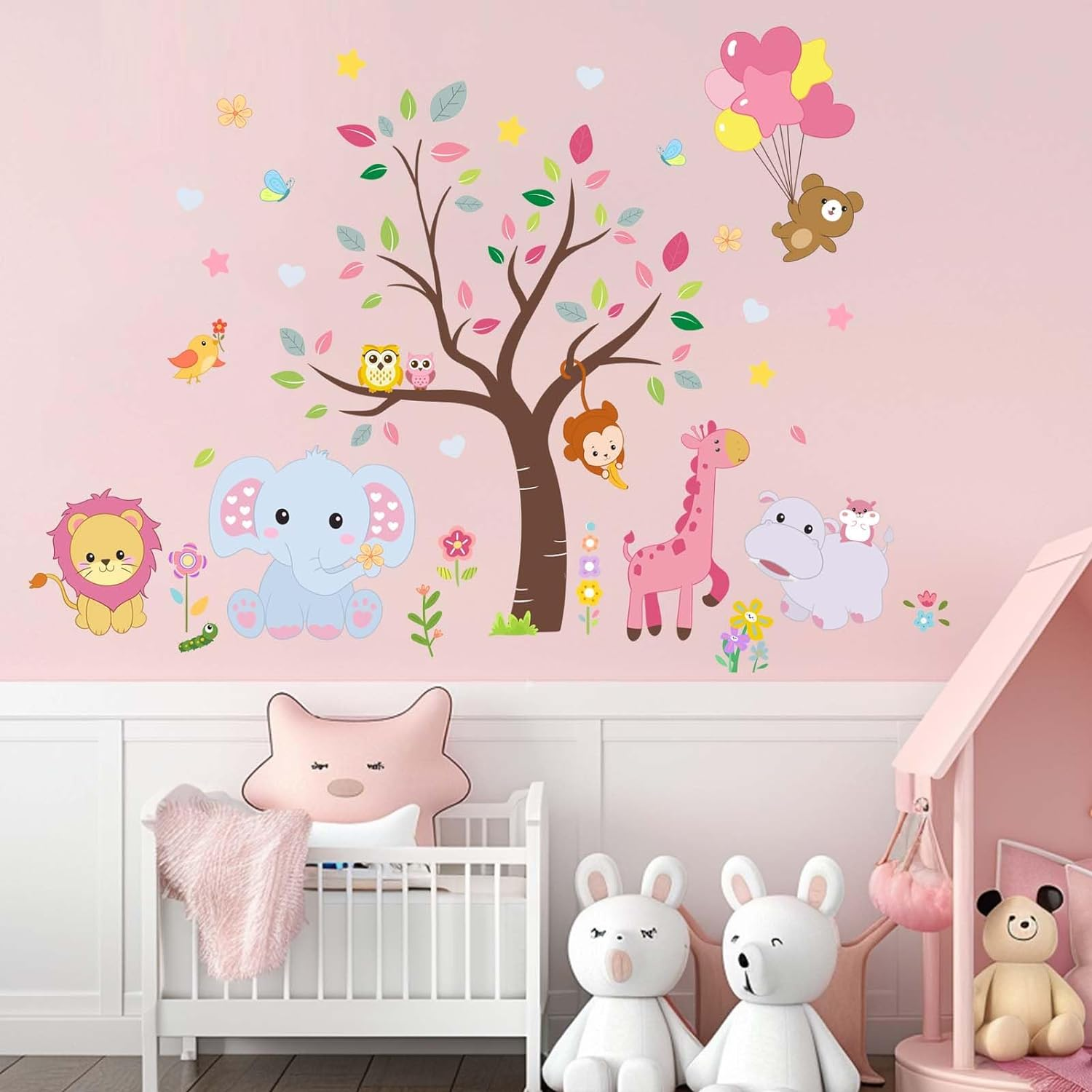 Pink Animals Baby Wall Stickers - Forest Lion Elephant Monkey Hippo Wall Decals - Girls Baby Nursery Kids Room Wall Decor image number 2
