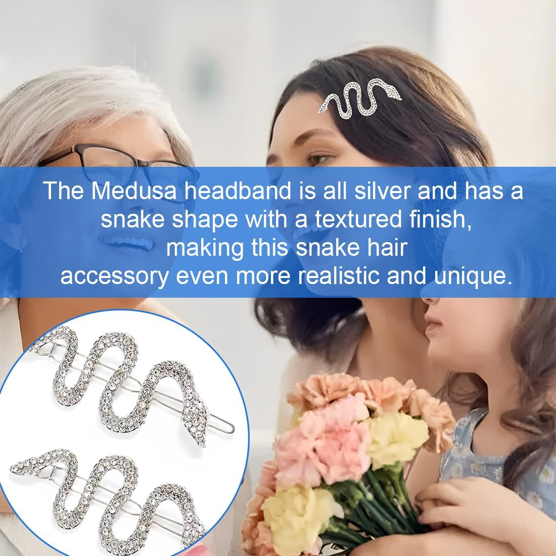 AOEVUIR Pack of 2 Snakes Headband Silver Rhinestone Snakes Headpiece Glitter Snake Hair Clip Hair Accessories Simple Twisted Medusa Hair Clip Snake Hair Pins for Women and Girls image number 2