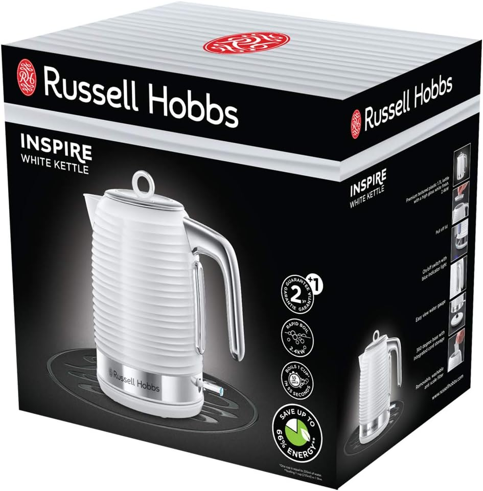 Russell Hobbs Inspire 24360-70 Kettle [1.7 L, 2400 W] White with High-Gloss Structure (Quick Boil Function, Removable Limescale Filter, Water Level Indicator, Removable Lid) image number 5