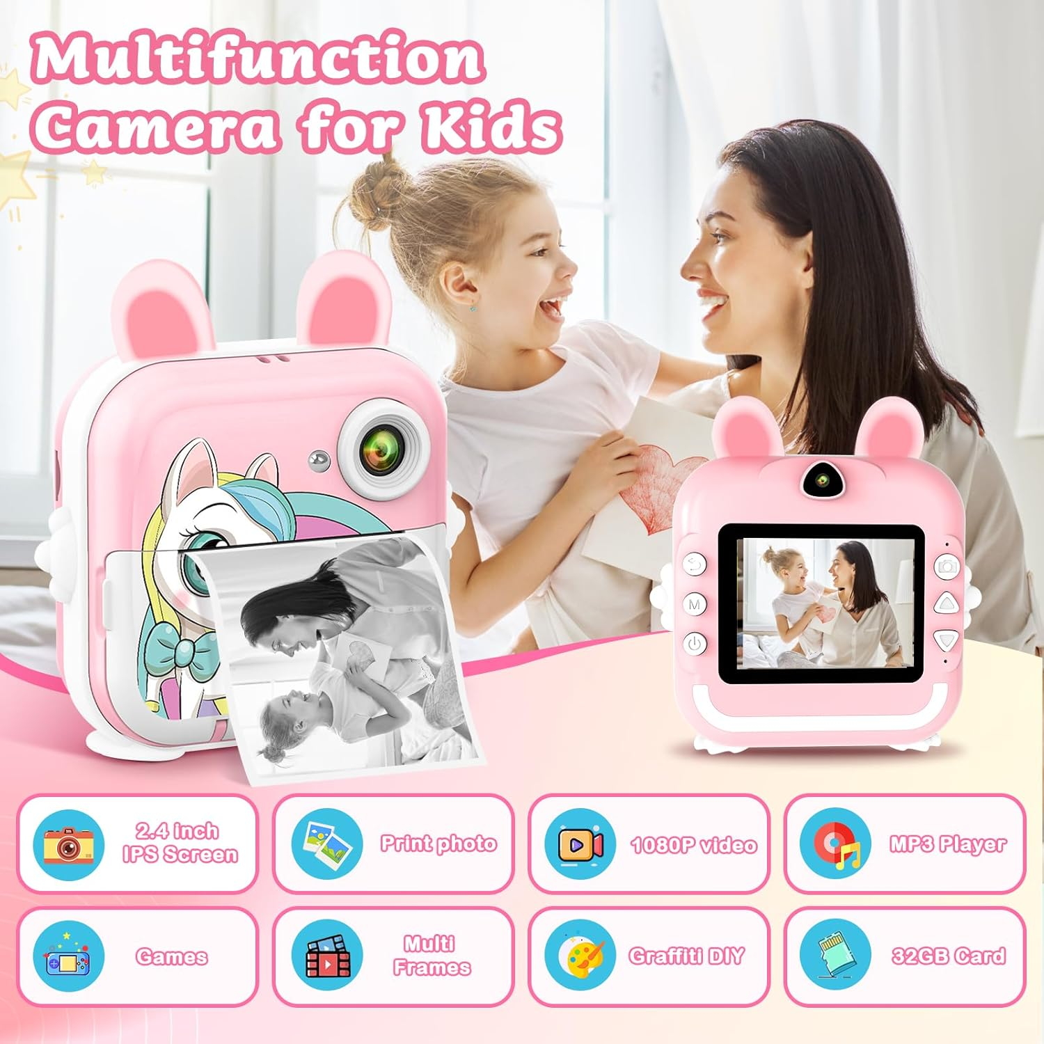 PTHTECHUS&reg; Kids Camera Instant Print, 2.4 Inch IPS 1080P Instant Camera for Kids, 48MP HD Digital Video Recorder with 32GB SD Card, Christmas Birthday Portable Toy for Age 3-12 Girls Boys ﻿ (Pink) image number 5