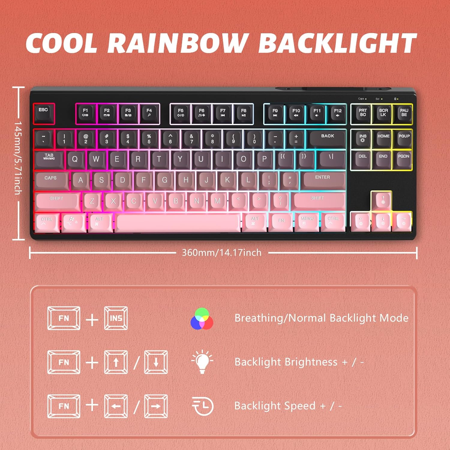 ZIYOU LANG X Attack Shark M87 75% Wireless Gaming Keyboard Mechanical Feel Silent Rainbow Backlit Bluetooth/2.4Ghz PBT Gradient Keycaps Rechargeable 4000Mah Battery Ergonomic for Mac/Win/Pc-Pink - Purple image number 2