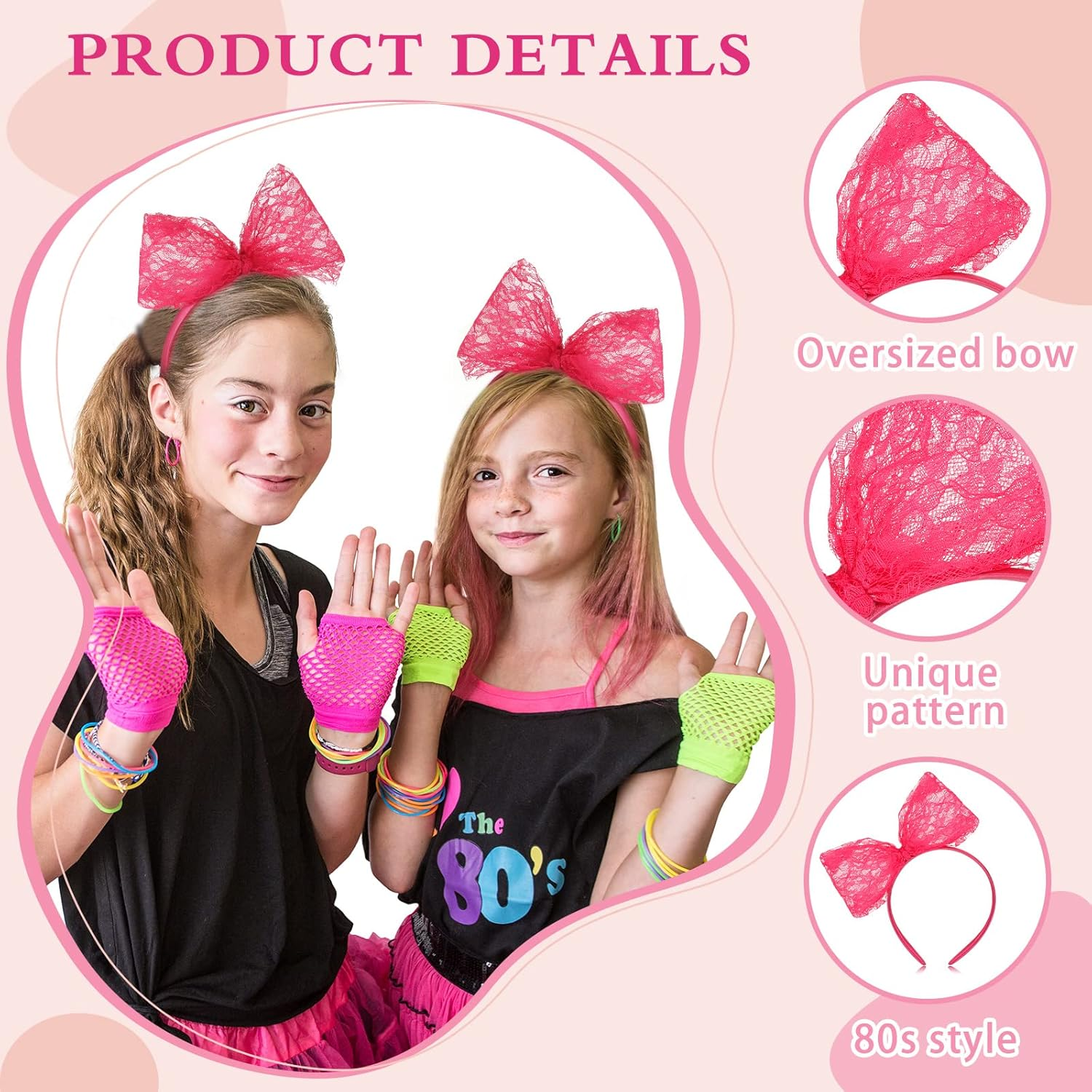 Xinnun Neon Lace Bow Headband for Women 80S Costume Headwear Lace Bow Hair Accessory 1980S Cosplay Accessories for 1980S Theme Party Halloween Hair Hoop Costume