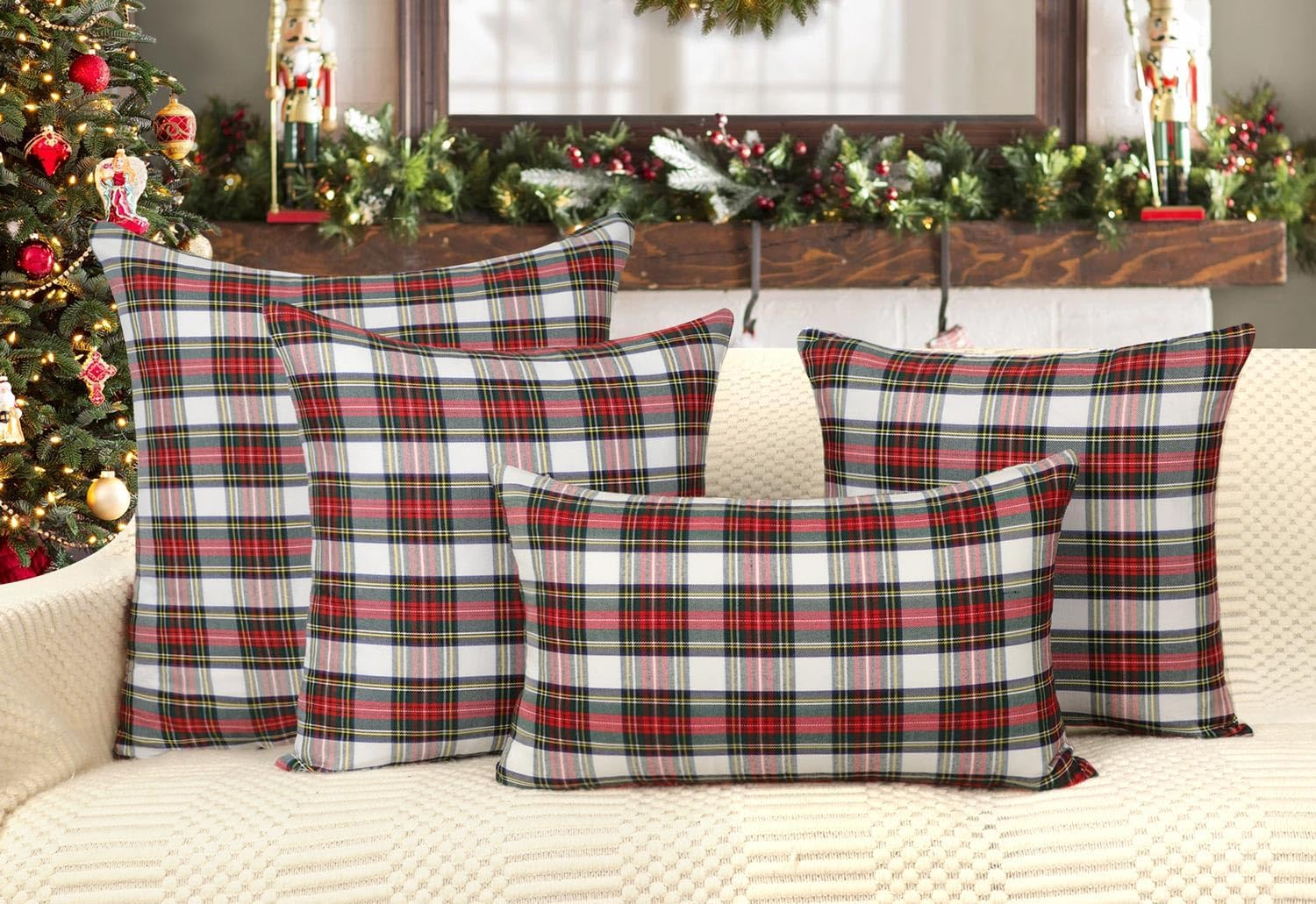 4TH Emotion Set of 2 Christmas Scottish Tartan Plaid Throw Pillow Covers Cushion Case Cotton Polyester for Farmhouse Home Decor Red and White, 20 X 20 Inches image number 5