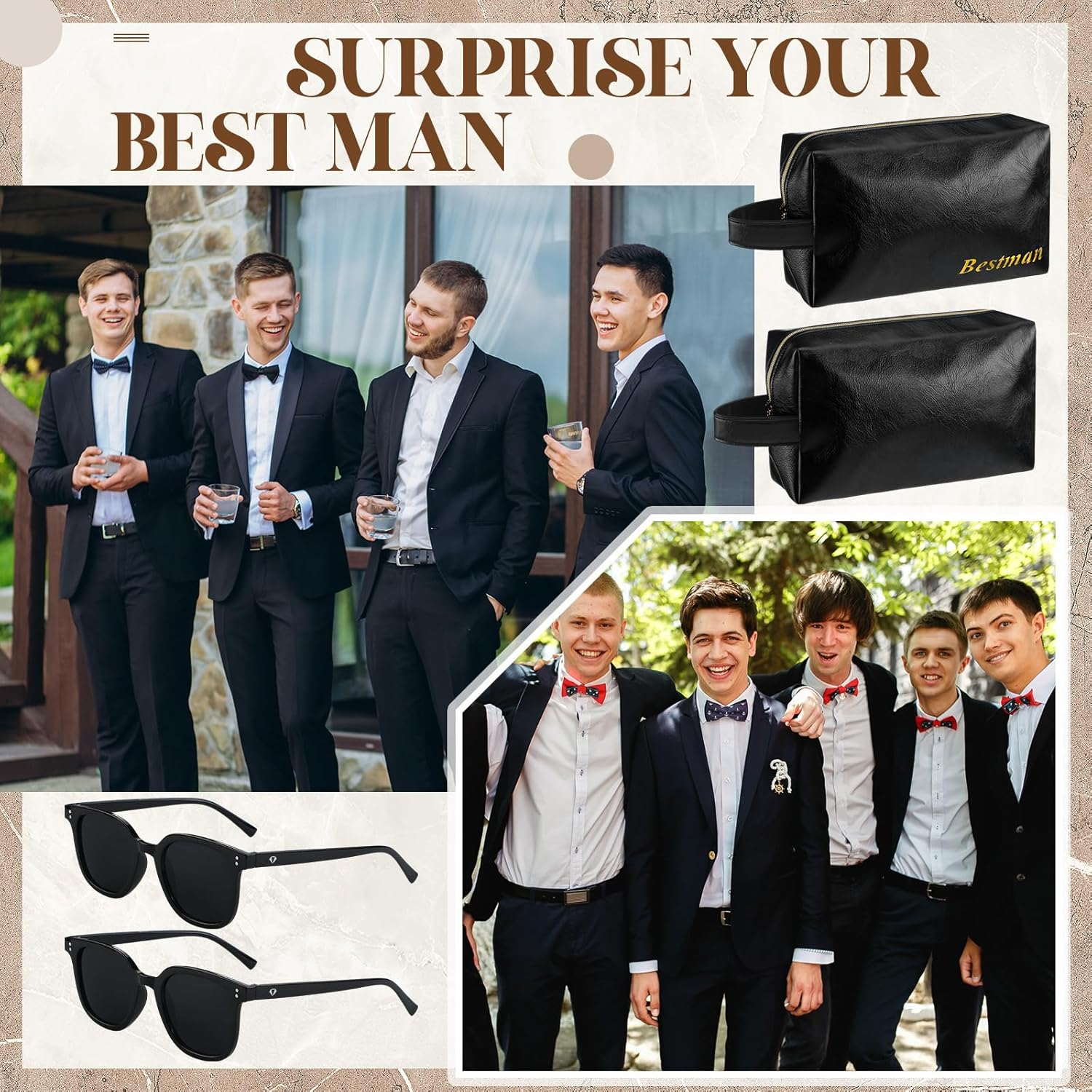 Chicingyou 18 Pcs Groomsmen Gifts Set of 6, Groomsman Proposal Gift Includes 6 Leather Toiletry Bags 6 Sunglasses and 6 Pairs of Socks for Wedding Man Gift Bachelor Party Favors image number 2