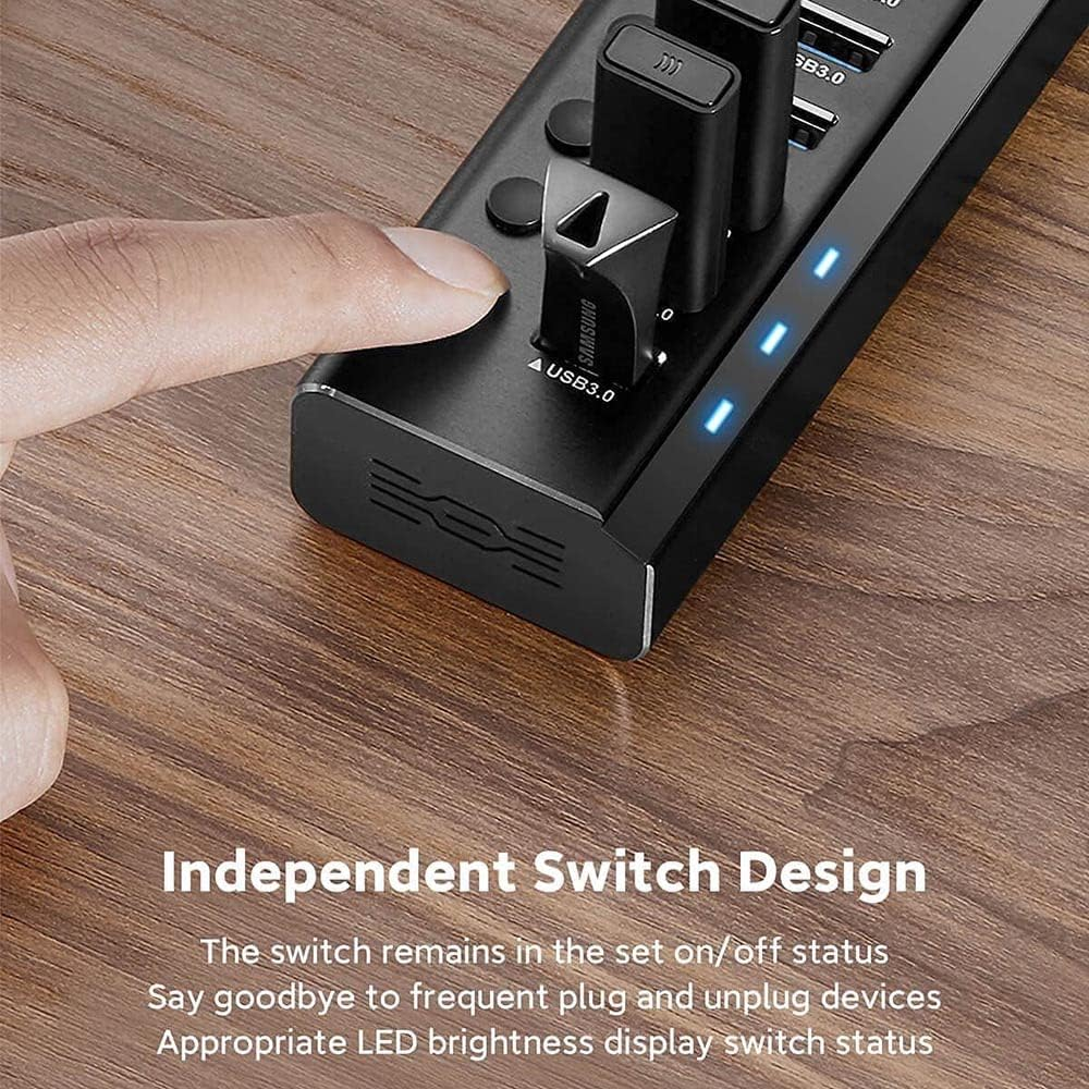 Powered USB Hub, TEKERA 10 Port USB 3.0/USB C Hub Aluminum USB Port Expander with 2-In-1 USB Cable, 5V Power Adapter and Individual Switches, USB Hub 3.0 Splitter for Laptop and PC