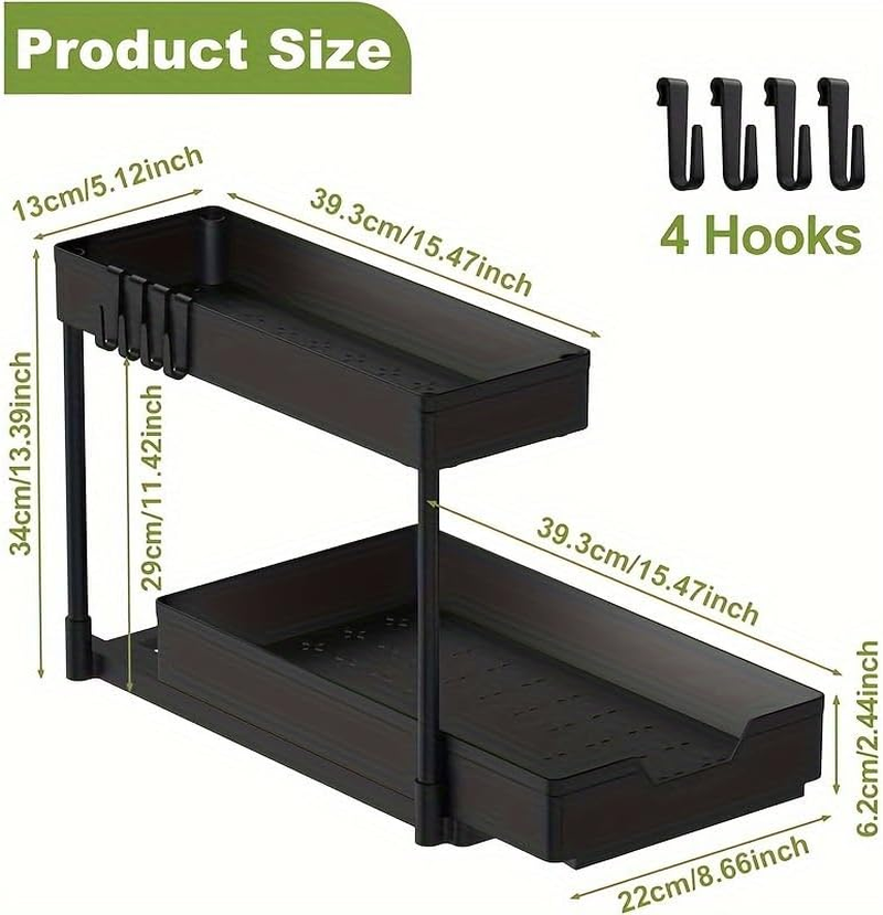 LTECARP under Sink Storage Kitchen Organiser, 2 Tier Sliding Kitchen Storage under Sink Shelf, Multi-Purpose Organisation for Kitchen Bathroom, Bottom Slide Out Basket Black image number 1