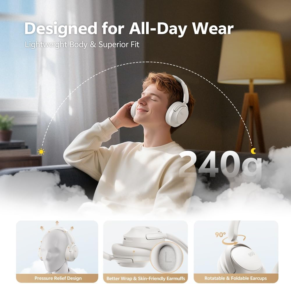 QCY H3S over Ear Bluetooth Headphones, Hybrid Active Noise Cancelling, Hi-Res Audio, LDAC, Ultralight and Comfortable Fit, 86 Hours Battery Life, Bluetooth 6.0, EQ in App, Dual Connection - Black image number 5