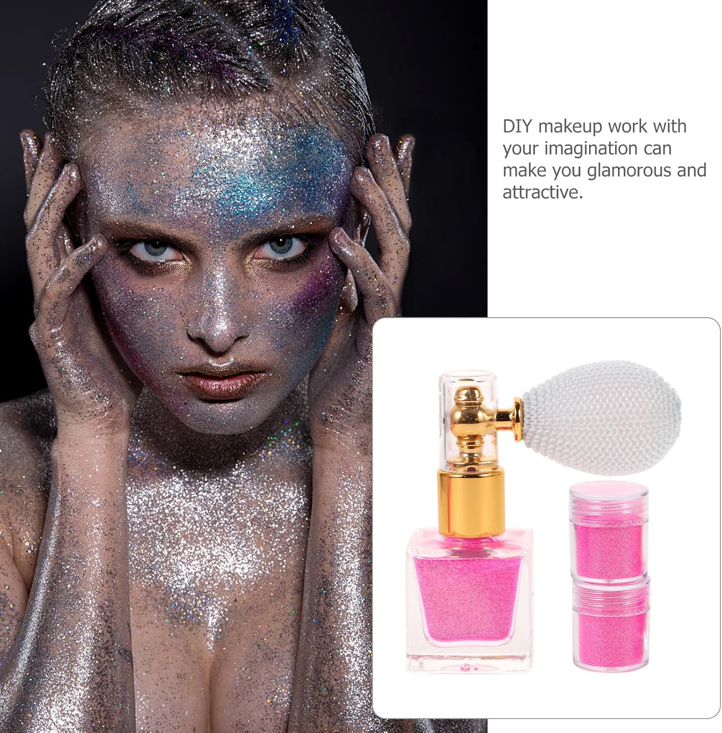 HEATSHAKING Glitter Spray Body Highlighter Powder Makeup Glitter Spray Pink Shimmer 3Pcs Set Portable Body Makeup for Women Party and Festival Use image number 3