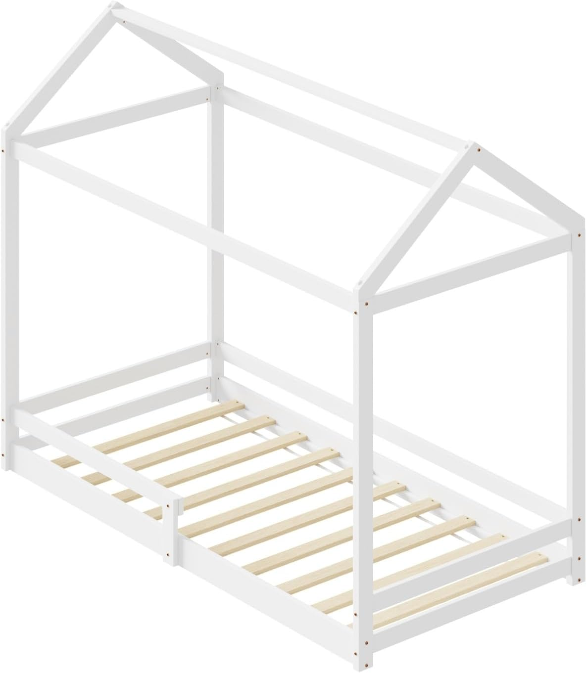 Oikiture Kids Wooden Bed Frame, Single Bed Frame with Pine Wood Timber Platform Bed Slat Support for Toddler, White image number 4