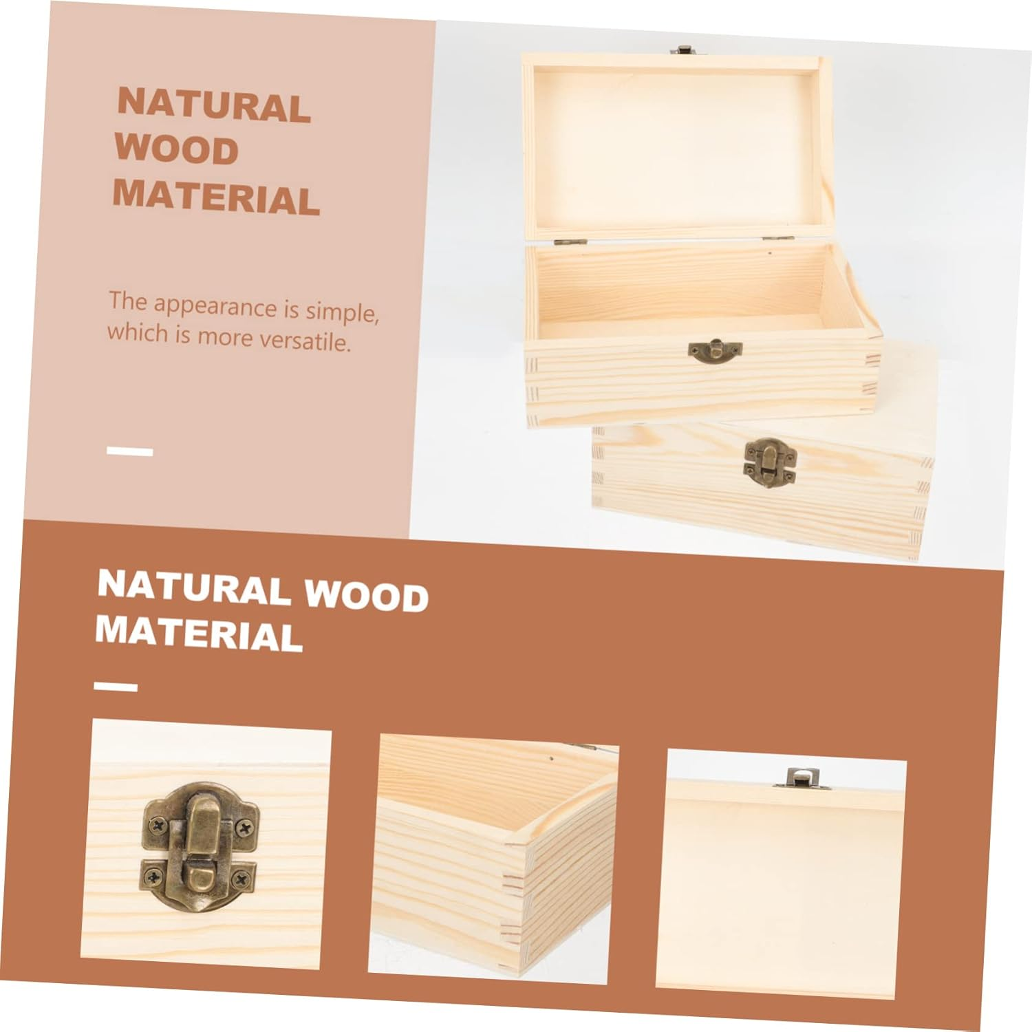 ARTIBETTER 2Pcs Trinket Box DIY Jewelry Storage Boxes Portable Lock Natural Wood Material for Daily Use image number 4
