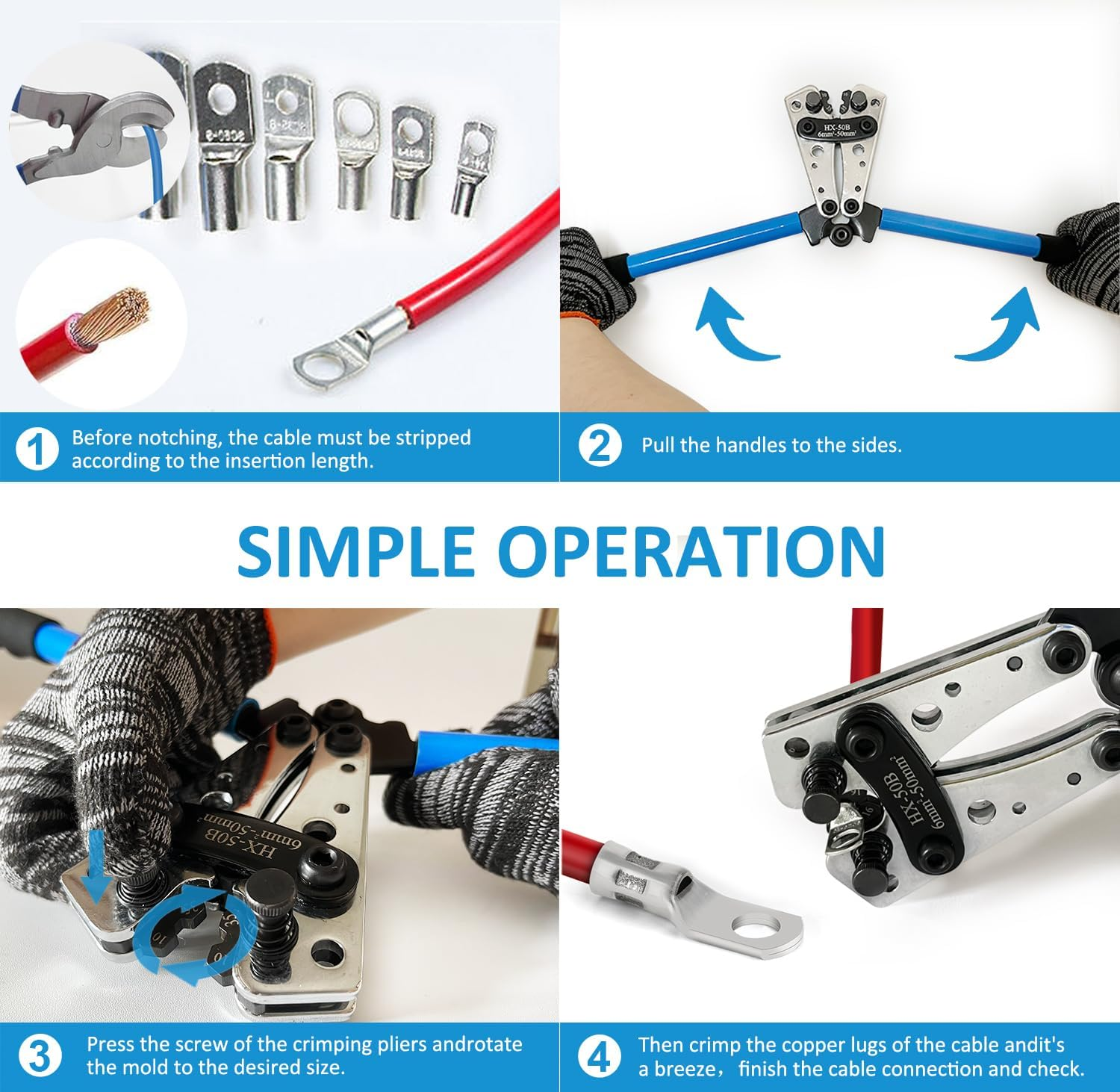 Fullfun Battery Cable Lug Crimping Tool with Wire Cutter for Heavy Duty Wire Lugs, Battery Terminal 6-50Mm&sup2;, Wire Crimper for AWG 10-1/0 Electrical Lug image number 4