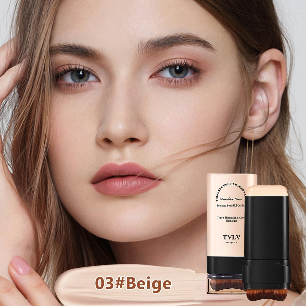 Face Foundation Stick Long-Wear Hydrating Lightweight Contour Brighten Solid Tinted Foundation Stick with Brush Multi-Use Blemish Contouring Face Concealer Beauty Makeup for All Skin Types (03#Beige) image number 5