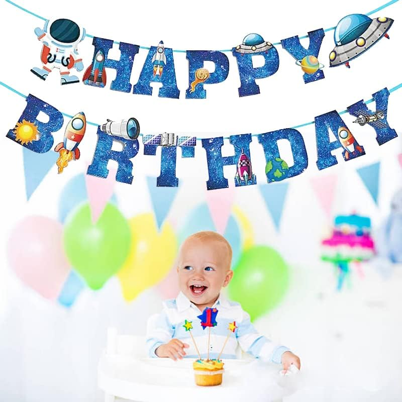 Outer Space Theme Birthday Banner Happy Birthday 15 PCS Galaxy Party Sign, Birthday Party Decorations，Outer Space Theme Decorations, Astronaut Party Supplies.