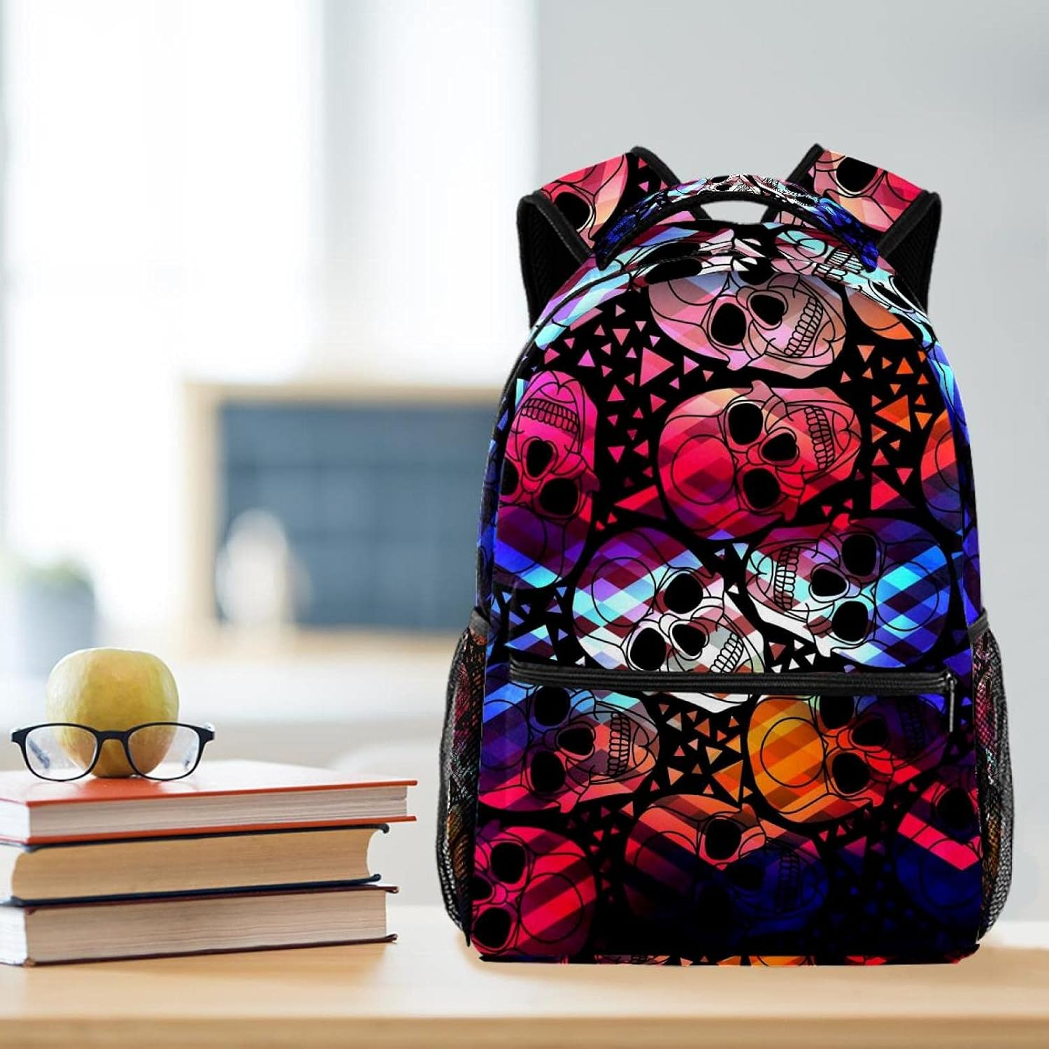 Colorful Aurora Gothic Skull with Polygonal Ornament Pattern with Zigzag Lines Backpack Students Shoulder Bags Travel Bag College School Tote Backpacks image number 4