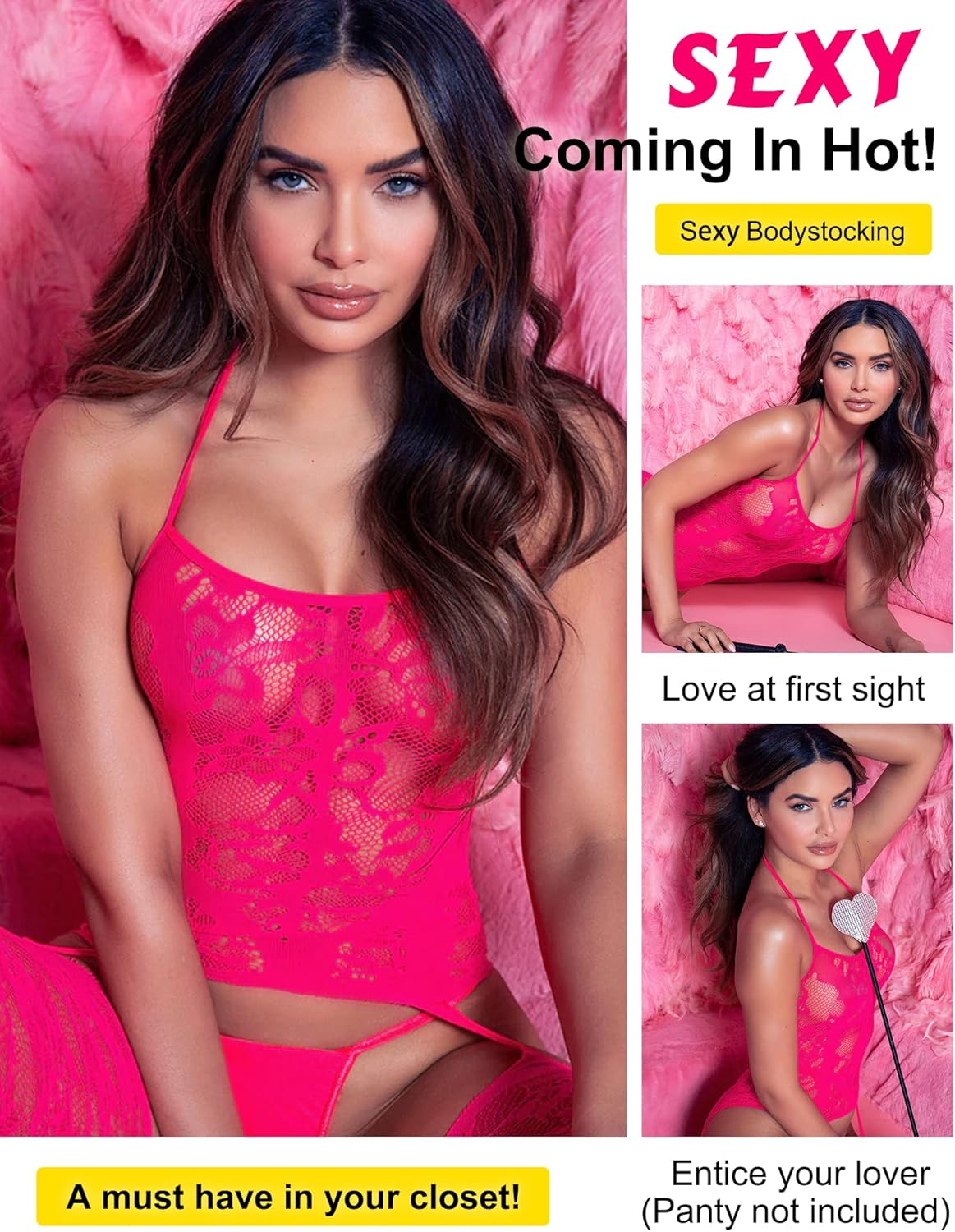 RSLOVE Women Fishnet Bodystocking Attached Stockings Sexy Lingerie Crotchless Bodysuit One Piece Babydoll One Size - Dark Green image number 3