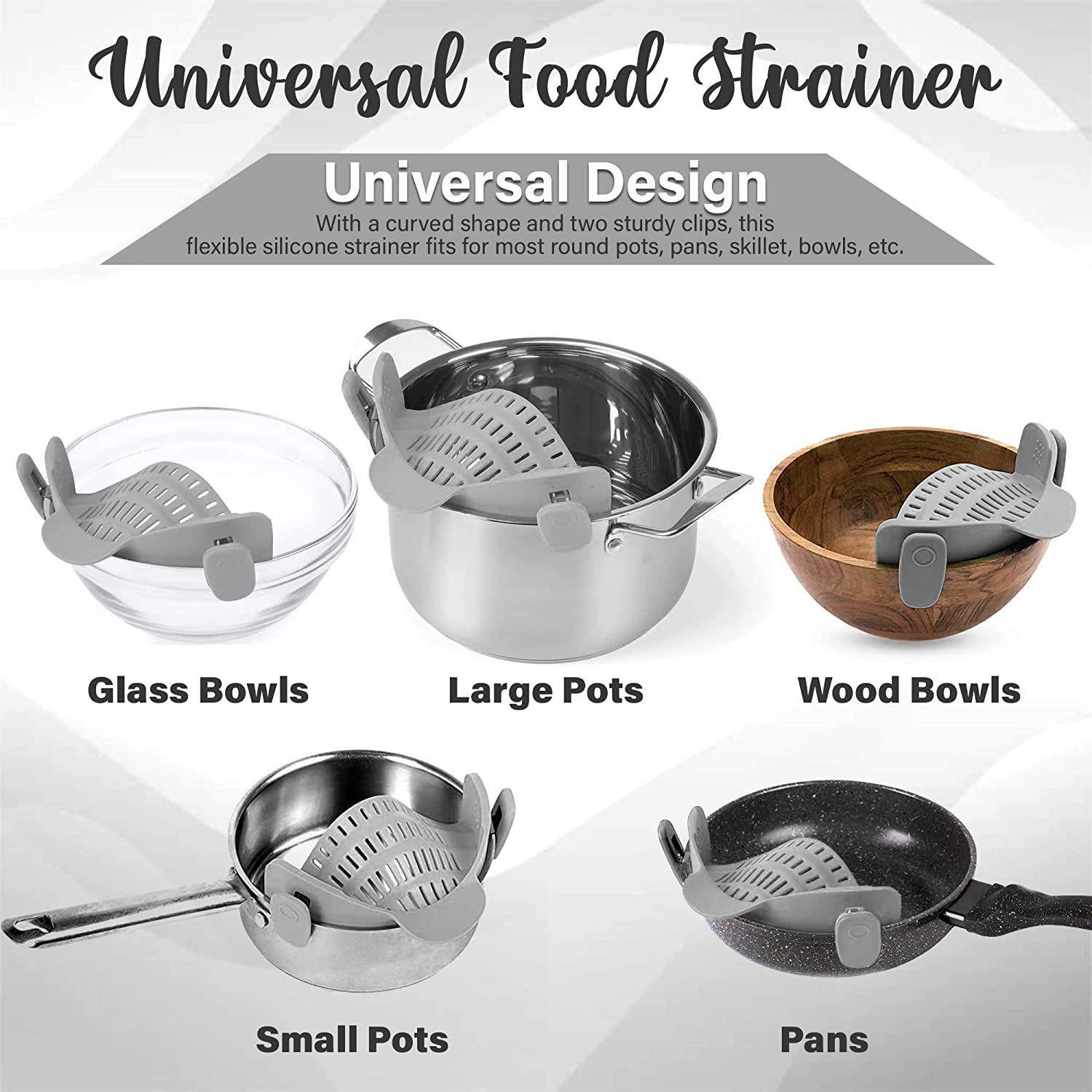 Strainer and Pasta - Adjustable Silicone Clip on for Pots, Pans, Bowls, Kitchen Gadget, Gadgets Home, Must Haves, Fits All Bowls Pots Grey 9.05''X4.92''X2.63'' image number 4