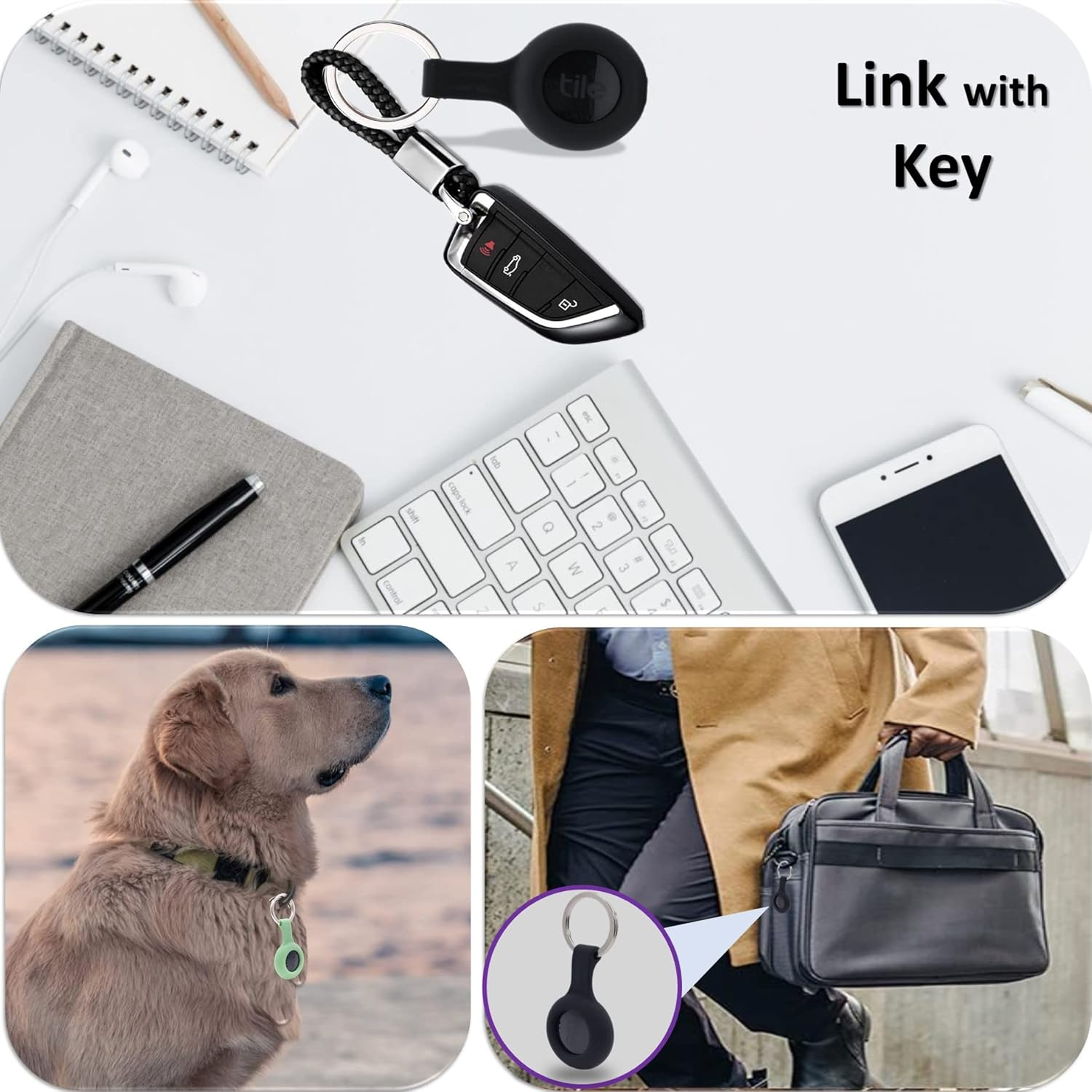 4 Packs Silicone Case for Tile Sticker 2022 with Keychain, Finder Accessory, Protective Cover Sleeve for Tile Tracker Tag, Pet Dog Cat Collar Dropper, Secure Holder (Black,Green,Pink,Blue)