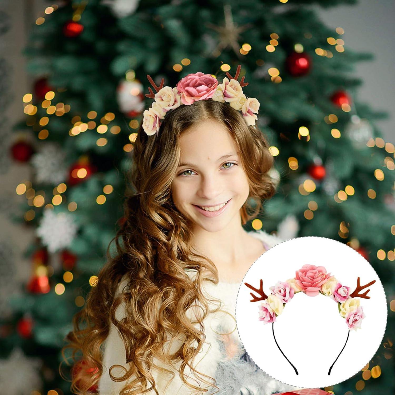 Christmas Flower Deer Headband,Flower Crown Reindeer Antlers Headband,Xmas Hair Accessories Festival Photo Props Floral Wreath Headdresses Forest Fairy Costume Photography Hair Hoop for Women Girl image number 5