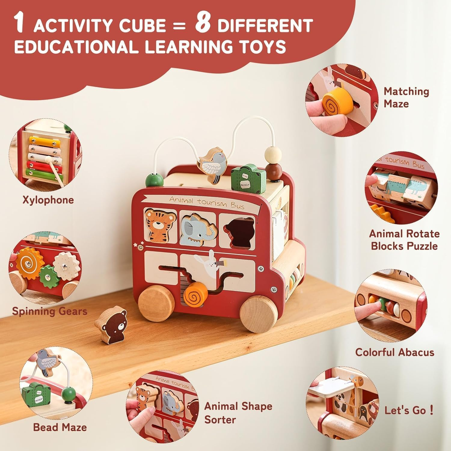 Wooden Activity Cube, 8-In-1 Montessori Toys with Animal Tourism Bus Theme, Multifunctional Early Educational Learning Toys Montessori Toys for 1 Year Old Boys Girl Oddlers Kids Birthday Gift (Red) image number 4