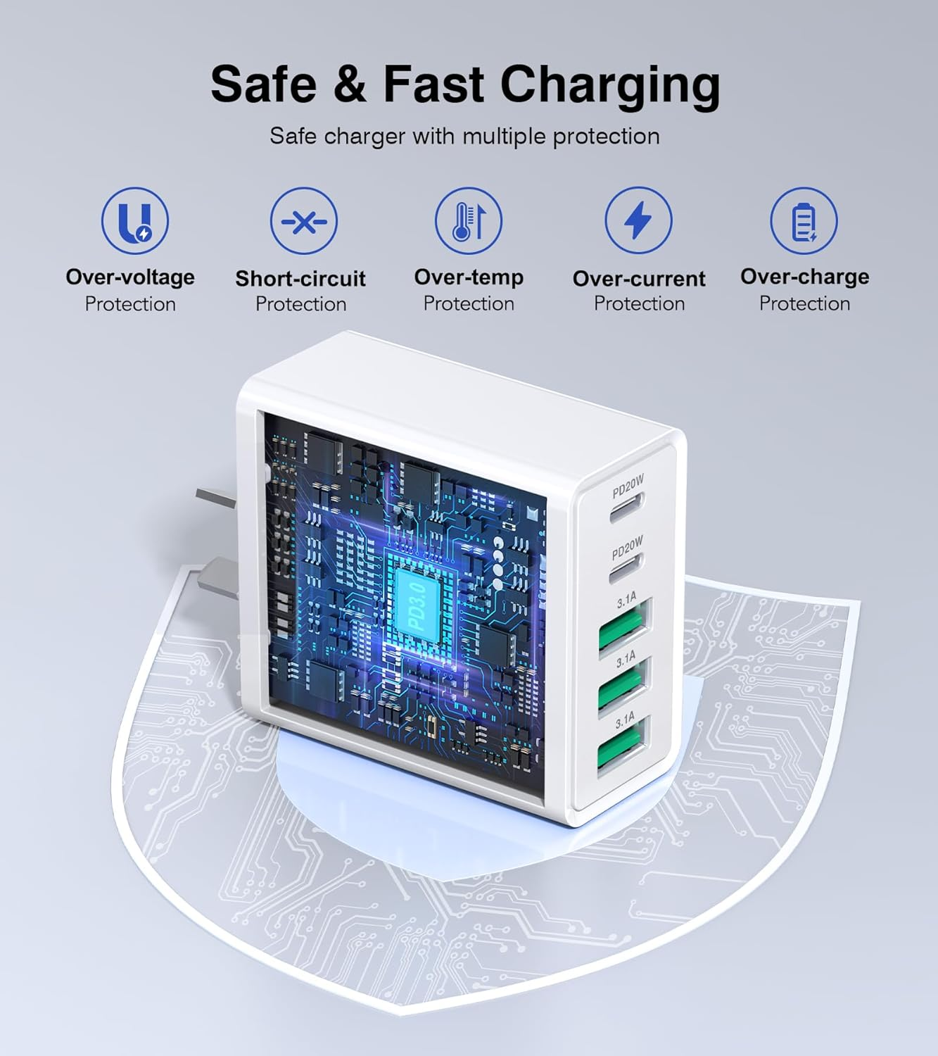 [2-Pack] USB C Wall Charger, 50W Fast USB C Charger Block, 5-Port PD Power Adapter + QC Wall Plug Multiport Type C Charging Block Cube Compatible with Iphone 17 16 15 14 13 12 Pro Max XR XS,HNT-PT415 image number 4