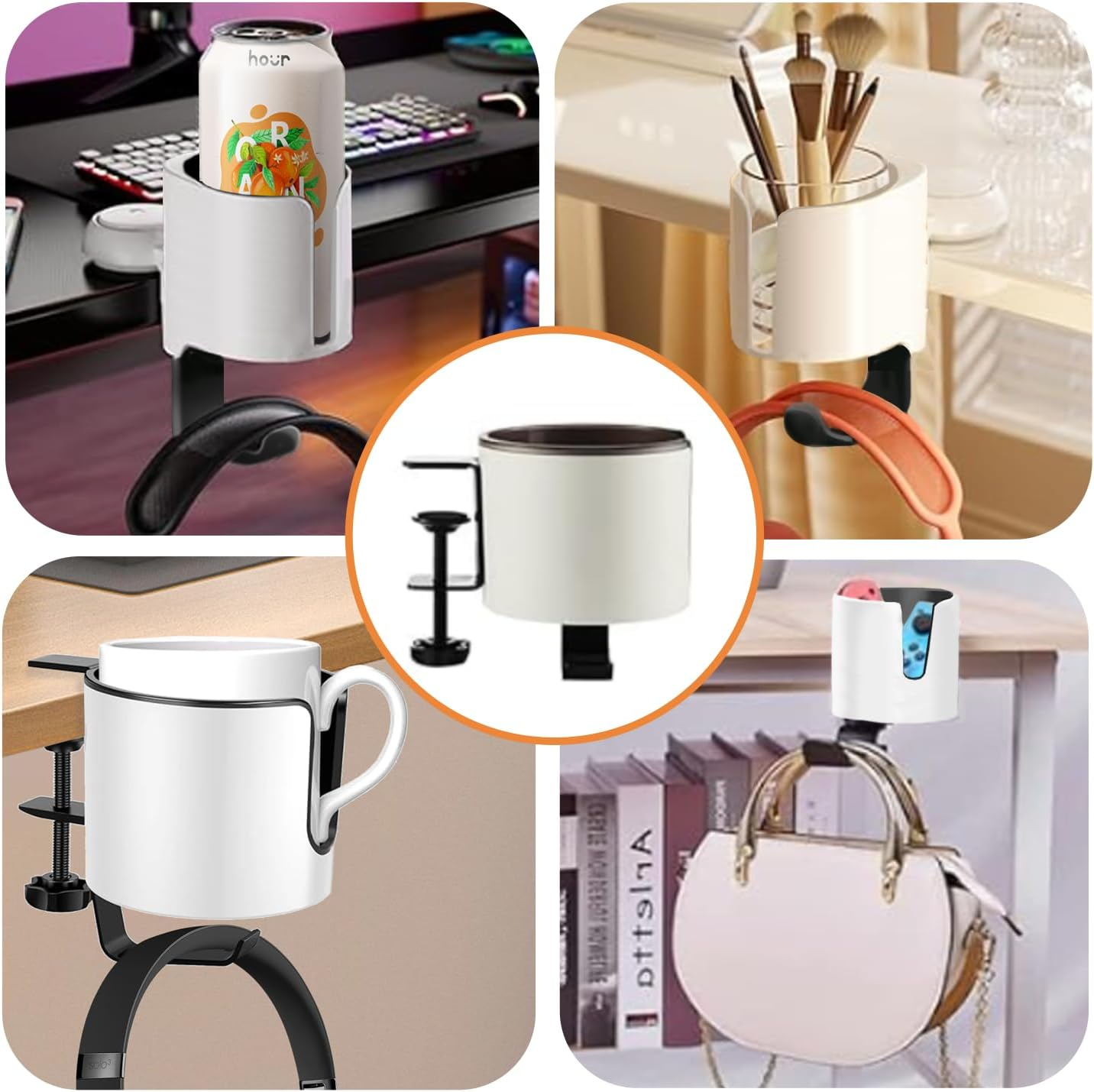 Desk Cup Holder Luxury 2-In-1 Anti-Spill Cup Holder with under Desk Headphone Hanger Holder with Durable Clamp on Desk Organizer (White) image number 4