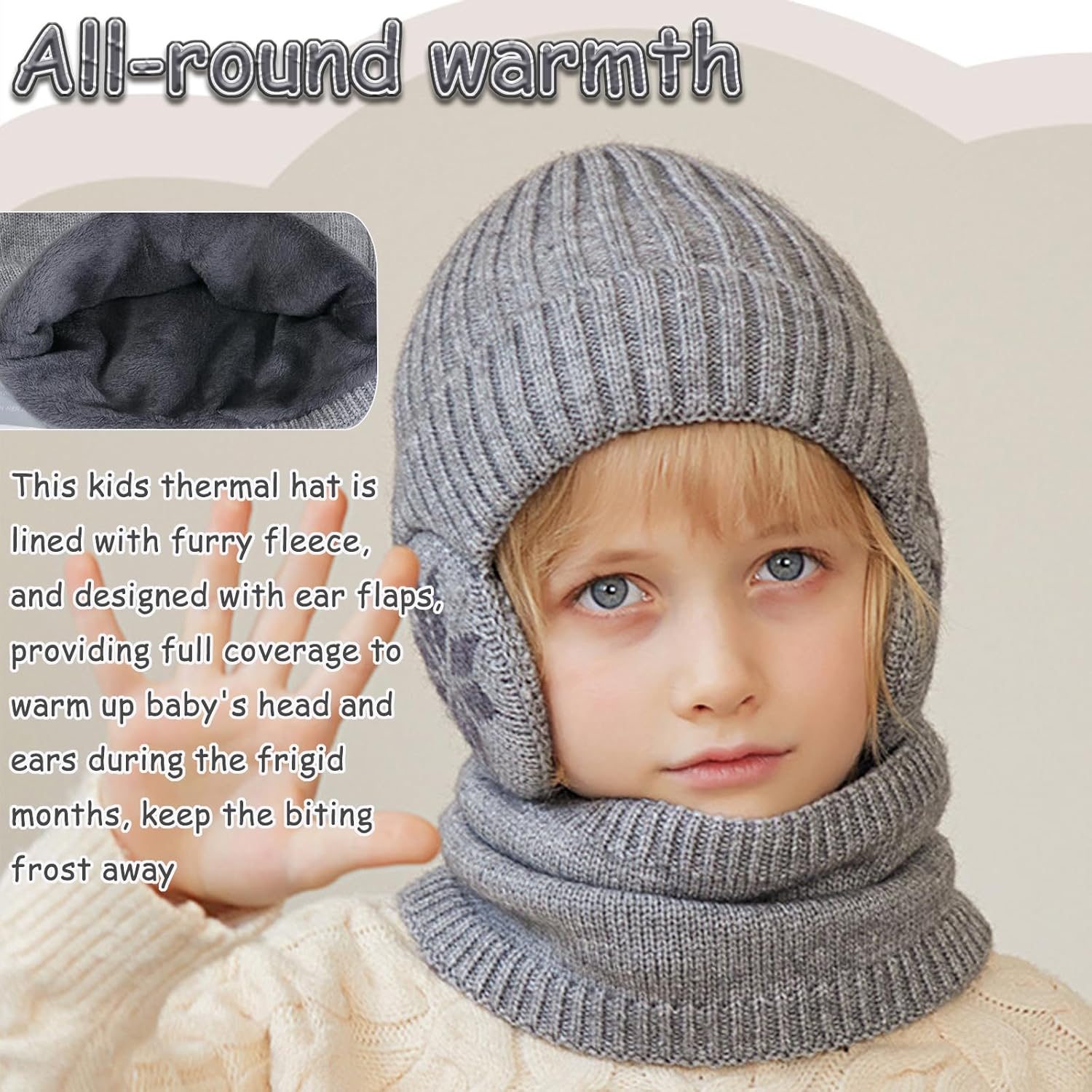 4-10 Years Kids Winter Knitted Earflap Cap Scarf Set Fleece Lined Earflap Beanies Hat Cosy Baby Warm Hat with Neck Warmer Windproof Outdoor Ski Beanies Cap Knitted Crochet Cap Children Handmade Hat
