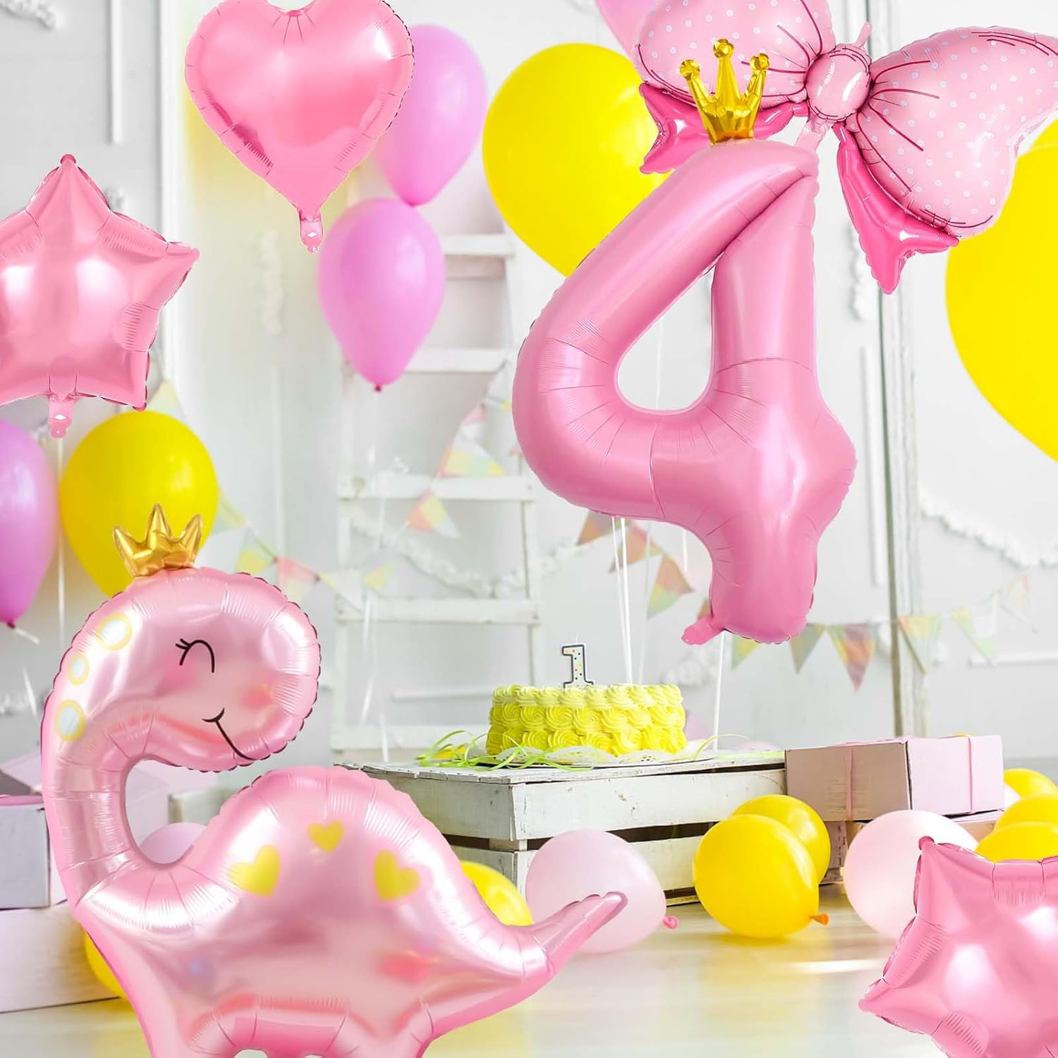 40 Inch Number Balloon Pack, Cute Crown Dinosaur and Star Bow Heart, Pastel Pink Dino Birthday Decoration for Girls (4) image number 6