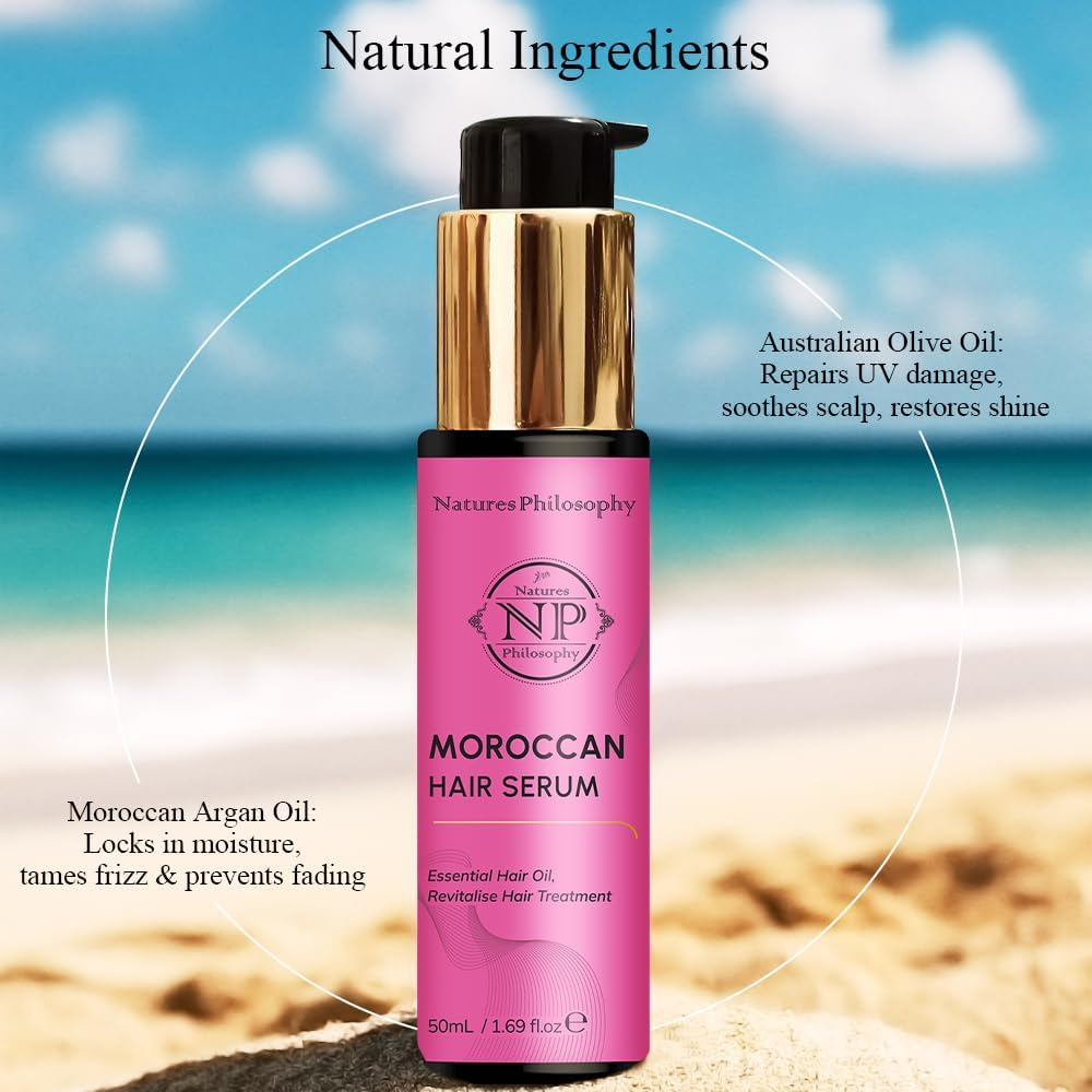 NP NATURES PHILOSOPHY Moroccan Argan Oil - Hair Serum Organic, Anti-Frizz, Repairs Damaged Hair, Adds Shine for All Hair Types Aussie Allergy-Free Moroccan Oil Hair Products 1.69 Fl Oz image number 1