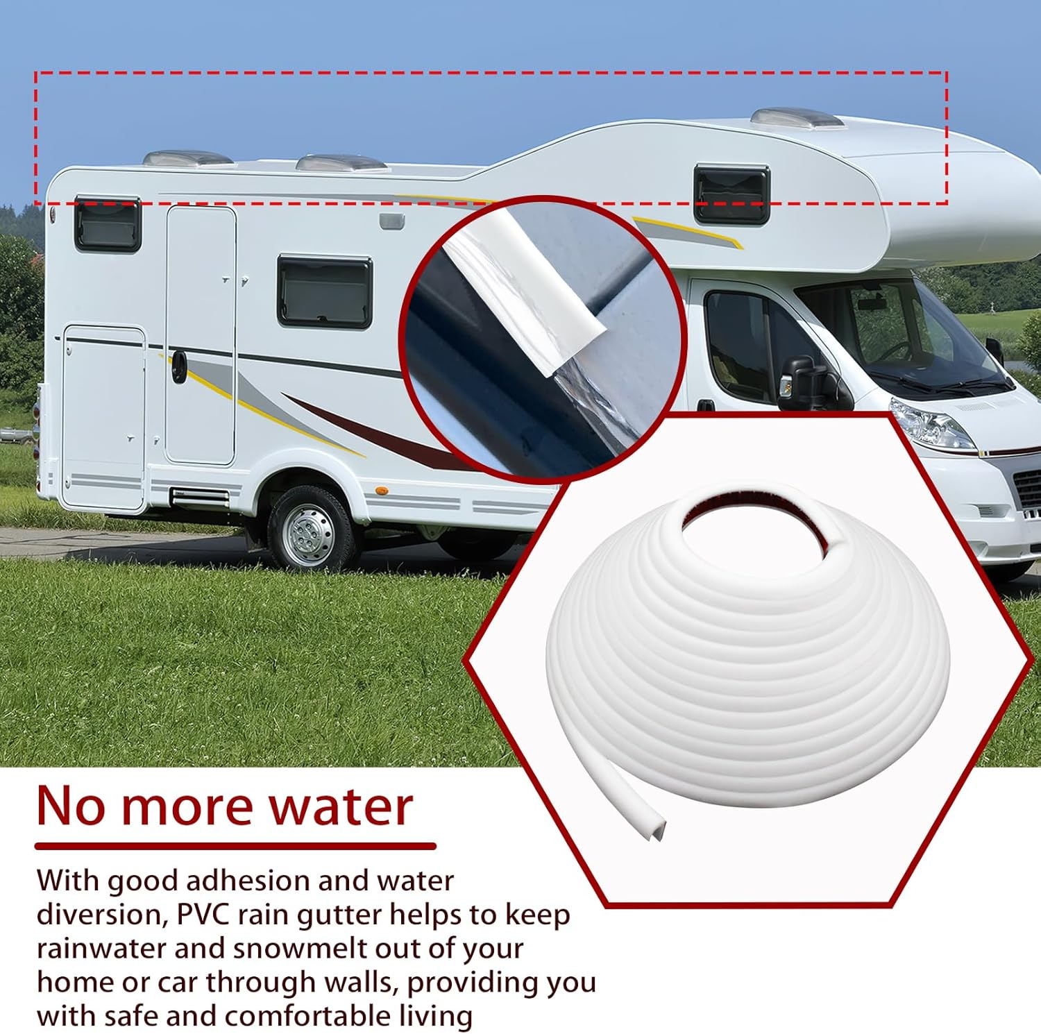 RV Rain Gutters 10 Meters Long Rubber Drip Strip PVC Rain Strip J-Shaped Roof Rain Diversion Self Sealing Tape Suitable for Car Doors Caravans (White) image number 5