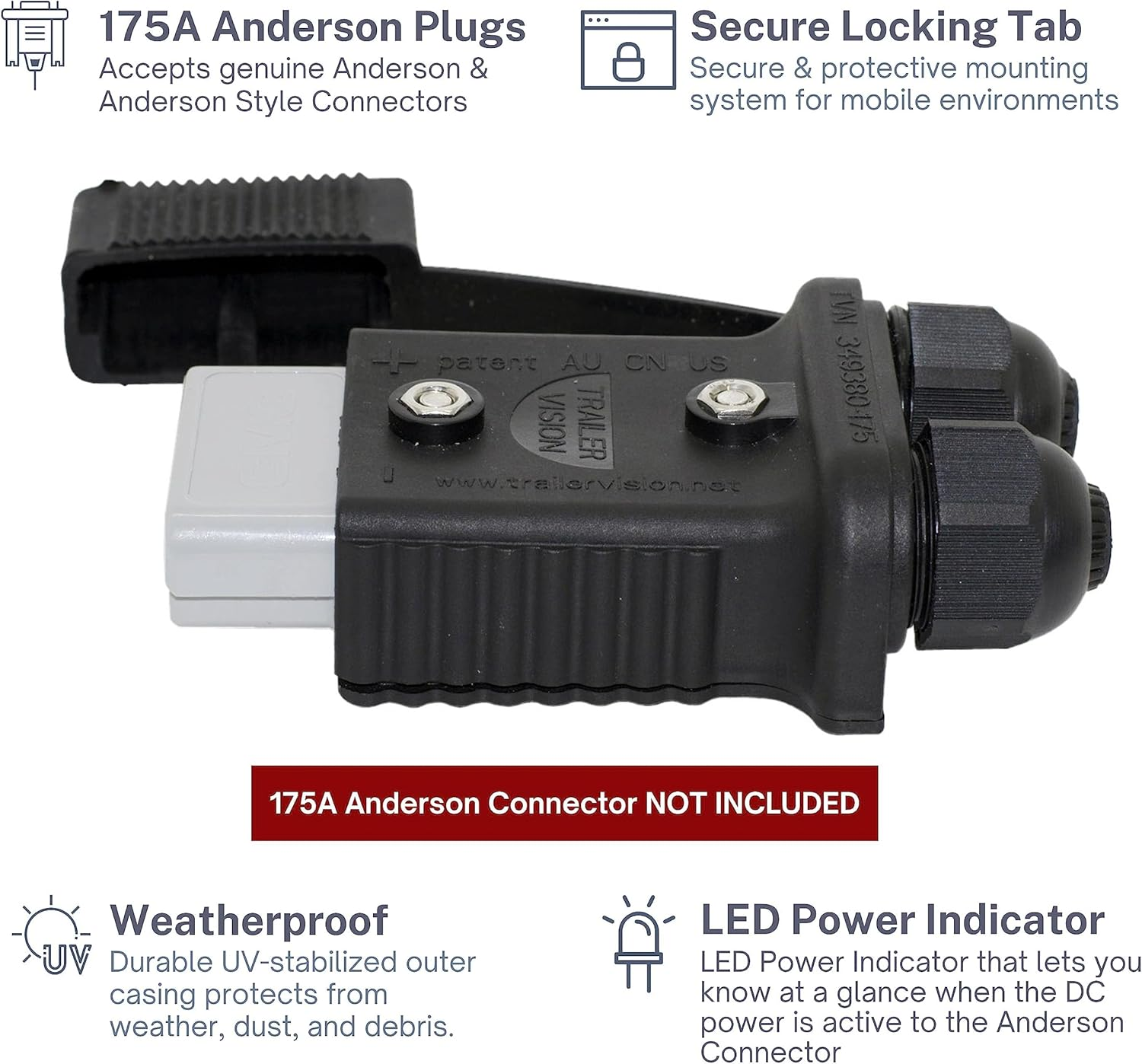 Trailer Vision 175A Anderson Connector Protective Covers - SB 175A Amp Dust Cover Assembly - UV Insulated Protection Compatible with Solar, Marine, Mobile, Industrial, Battery Boxes - 175AA Black image number 4