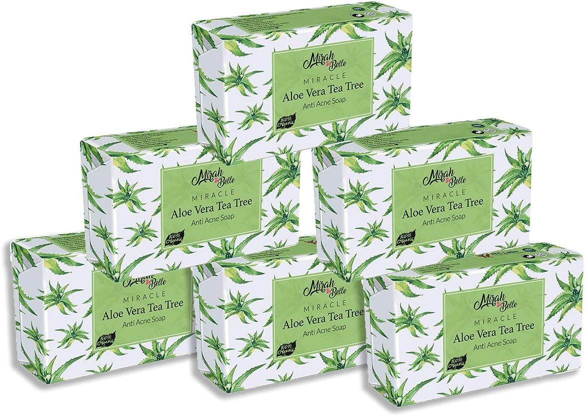 Mirah Belle - Organic Aloe Vera - Tea Tree anti Acne Soap Bar -(Pack of 6-125 Gm) - Acne and Infection Prone, Dehydrated Skin. SLS, Paraben, Gmo-Free, 750 Gm image number 1
