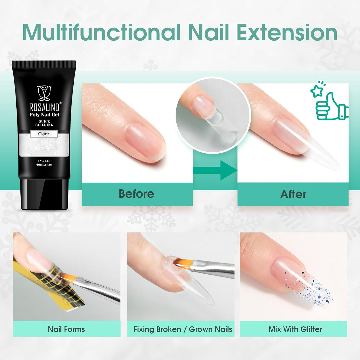 ROSALIND2 Oz Clear Poly Nail Gel, Poly Extension Gel Nail Art Acrylic Extension, Clear Poly Nail Gel Tube Extension Spring Gel Nail Builder for Women as Easter Clear Poly Nail Gel - Clear image number 6