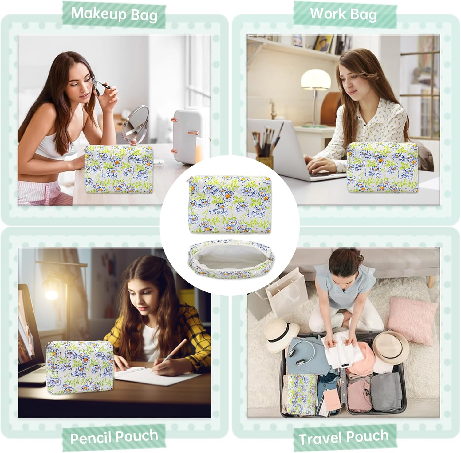 Long Keeper Large Makeup Bag Floral Aesthetic Cosmetic Bag Women Cotton Travel Make up Bag Cute Flower Toiletry Organizer Bag, Blue Green Flower, Trendy image number 6