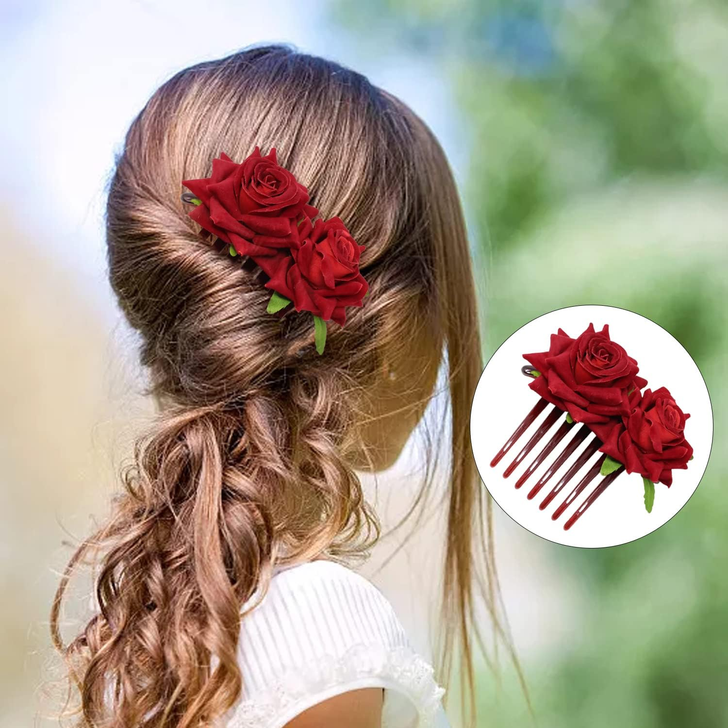 Honbay 2PCS Rose Flower Hair Side Combs 7 Teeth Floral Twist Combs Decorative Flower Hairpin Hair Accessories for Women image number 1