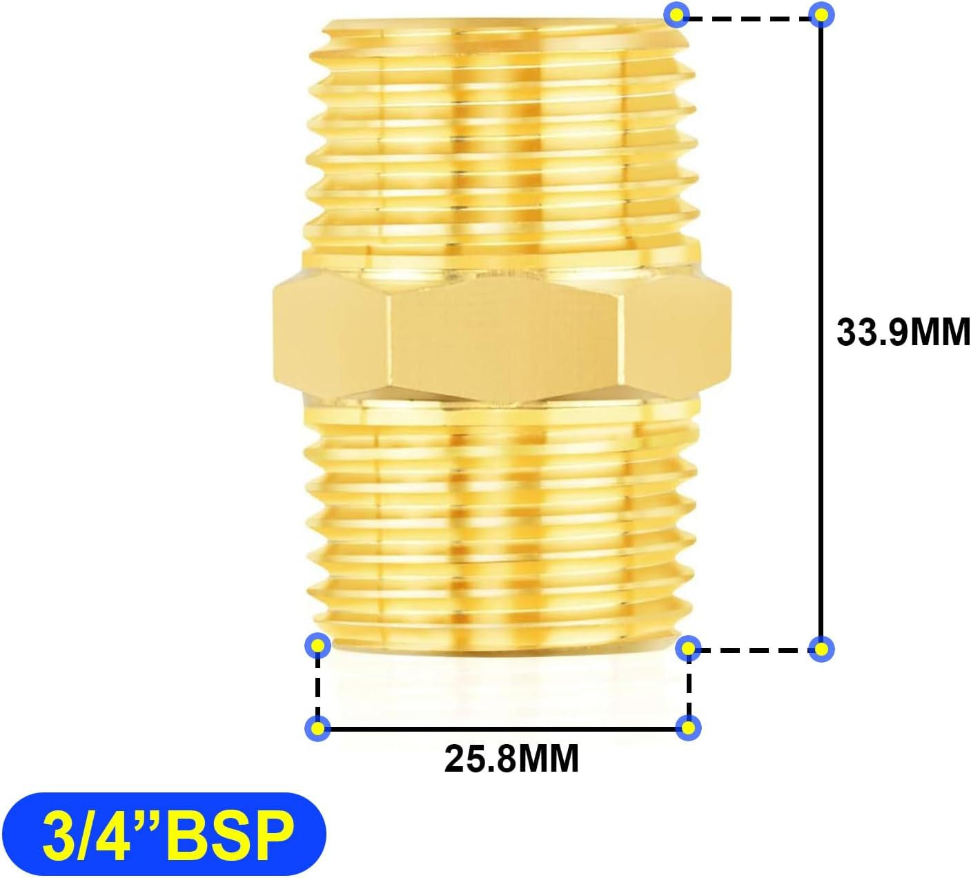 TAILONZ PNEUMATIC 3/4" BSP Male Pipe Hex Nipple, Brass Pipe Fitting（5Pcs）
