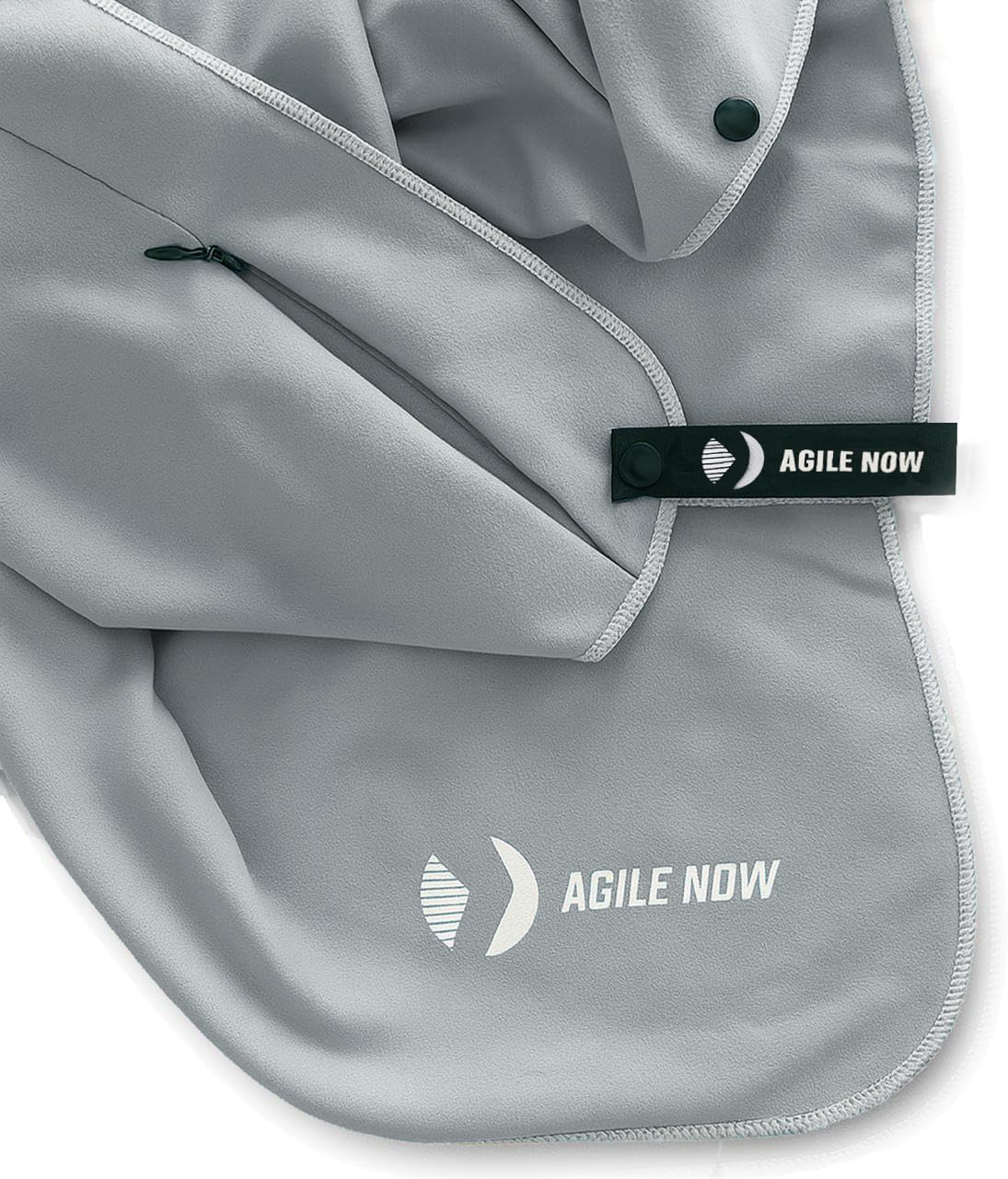 Agile Now Fitness Towel - Multifunctional Microfibre Gym Towel with Hood, Magnetic Clip and Zip Pockets, Sports Towel Gym, Gym Accessories, Grey