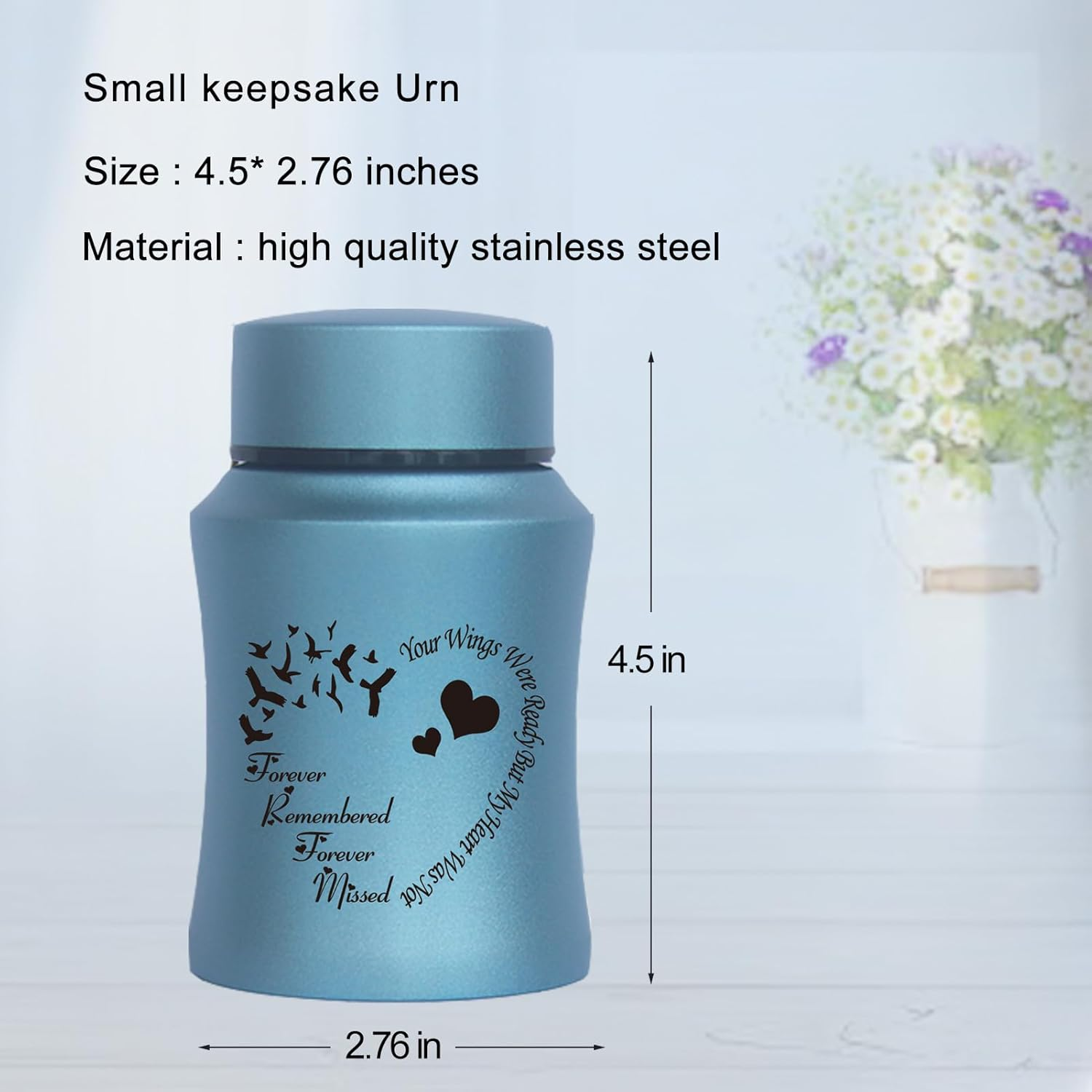 4.5 Inches High Small Urn for Human Ashes Stainless Steel Mini Cremation Urn Small Keepsake Urn Memorial Ashes Container-Blue image number 3