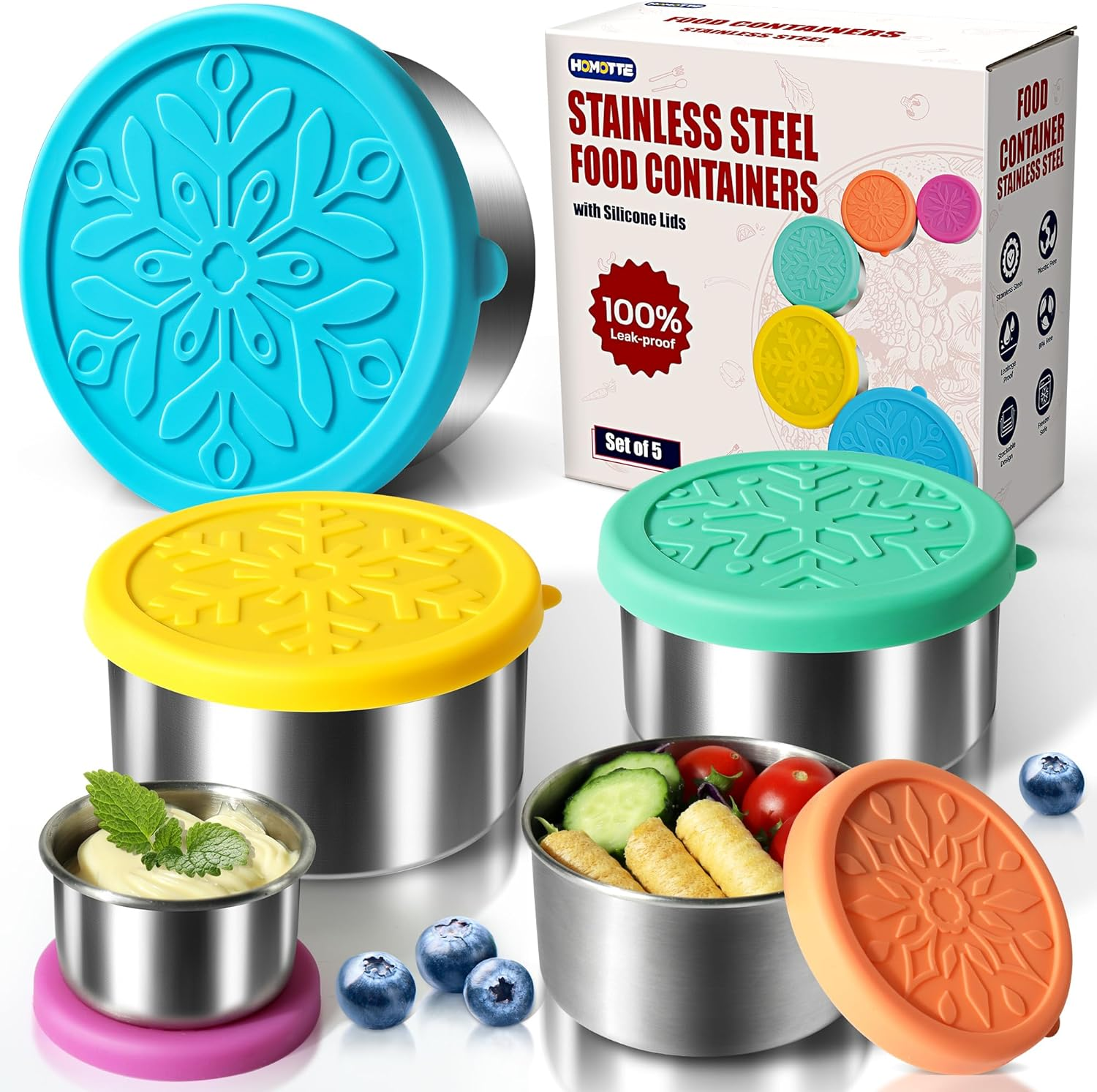 Homotte 304 Stainless Steel Containers with Lids Small for Lunch, Leak-Proof Stainless Steel Food Storage Containers for Back to School Kids, 5 Pack Stackable (2Oz, 4Oz, 8Oz, 14Oz, 24Oz) image number 6