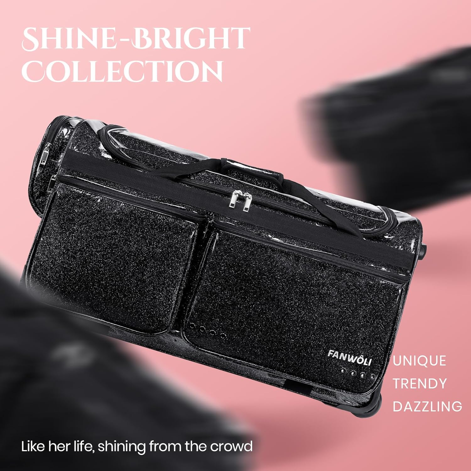 Fanwoli 28" Dance Bag with Garment Rack | Upgraded Stable System & Fabric | More Lightweight & Wear-Resistant | Ideal Competition Rolling Duffle Bag, Black, 28-Inch, Waterproof Sparkling Fabric image number 5