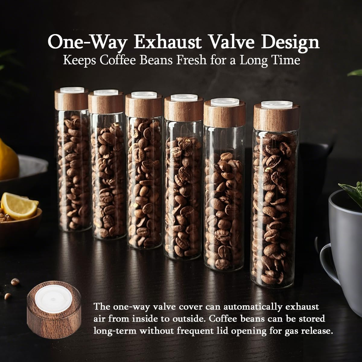 Coffee Bean Storage Tubes with One-Way Exhaust Valve and Airtight Lids, 12 Pack Single Dose Glass Coffee Bean Canisters with Walnut Solid Wood Base, Funnel, Spoon, 2Oz/60Ml image number 2
