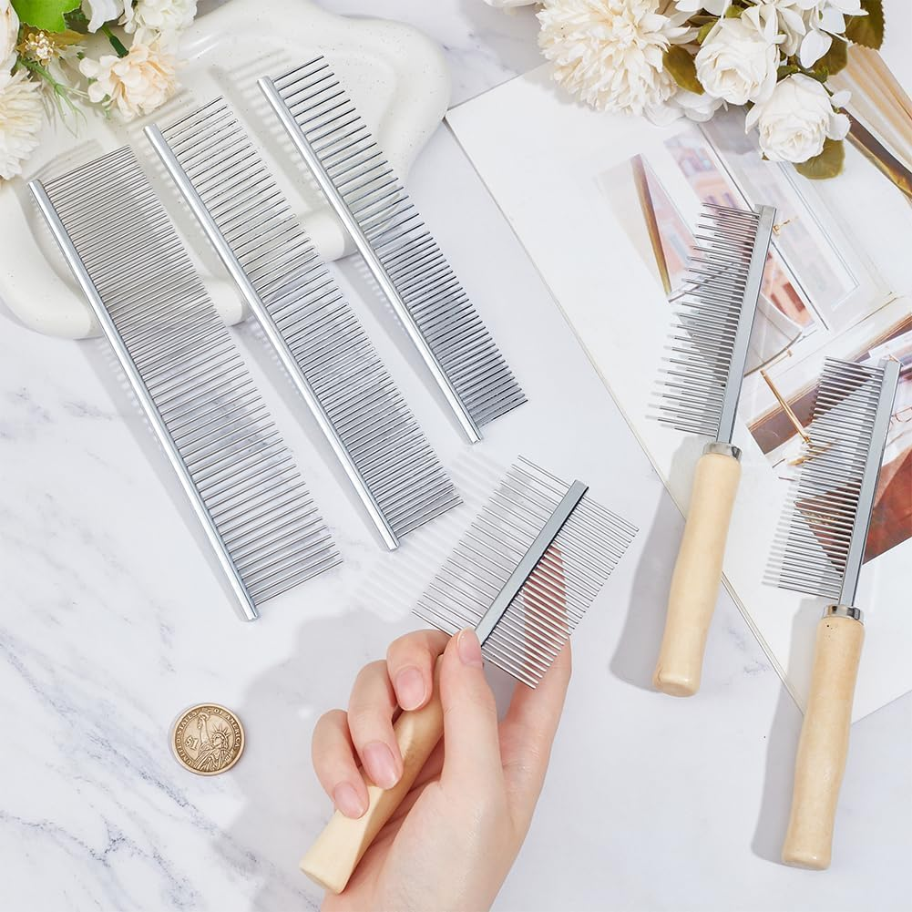 6Pcs Pet Stainless Steel Tooth Metal Combs Mixed Size Grooming Combs Set Double Sided Shedding Brush Professional Pet Dematting Combs with Wooden Handle for Dog Cat Hair Removing (Silvery, One Size) image number 5