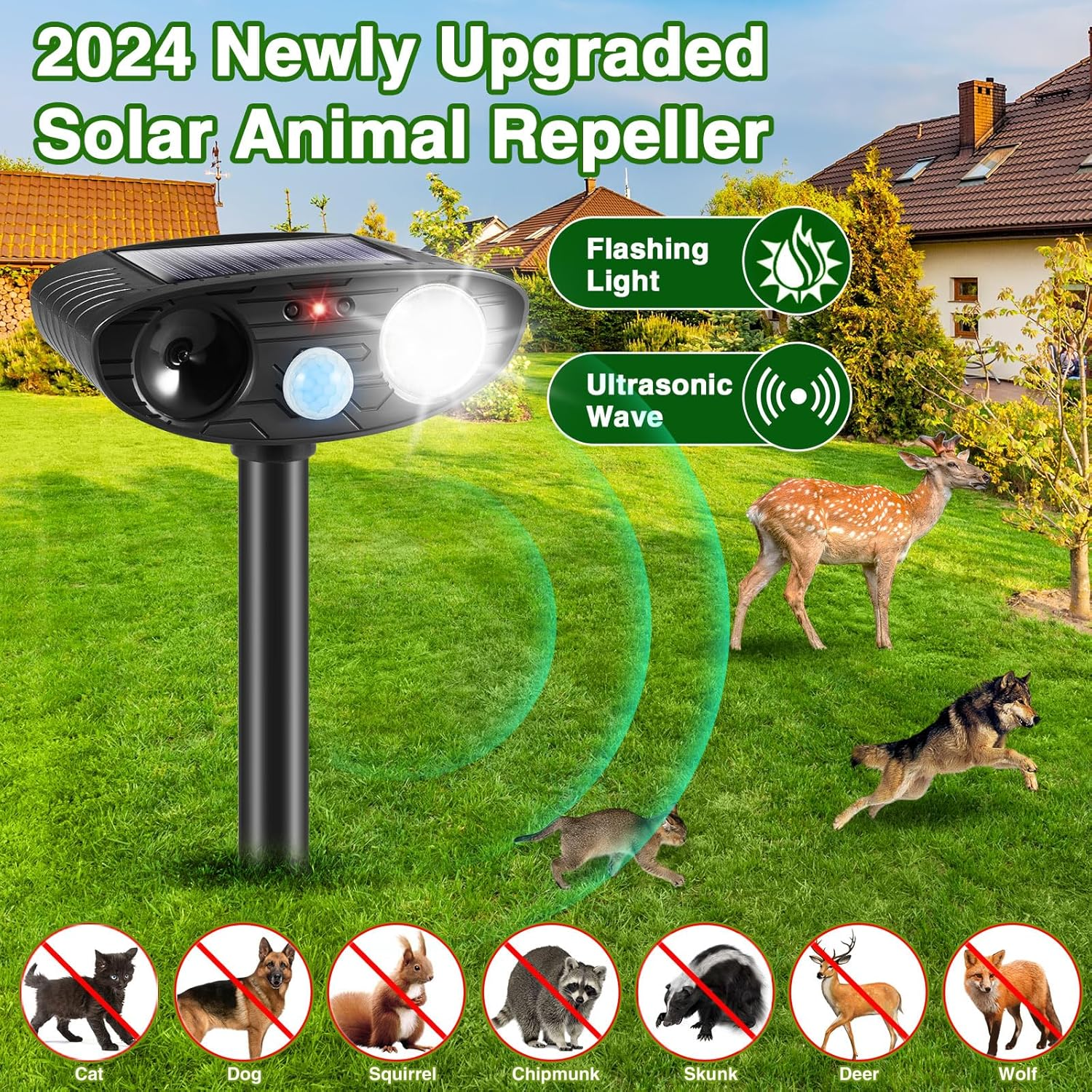 2024 Ultrasonic Animal Repellent Outdoor Solar Animal Repeller with Motion Sensor&Led Strobe Light Cat Deterrent Outdoor Deer Repellent Device to Scare Squirrel Raccoon Skunk Repellent for Yard(Black) image number 1