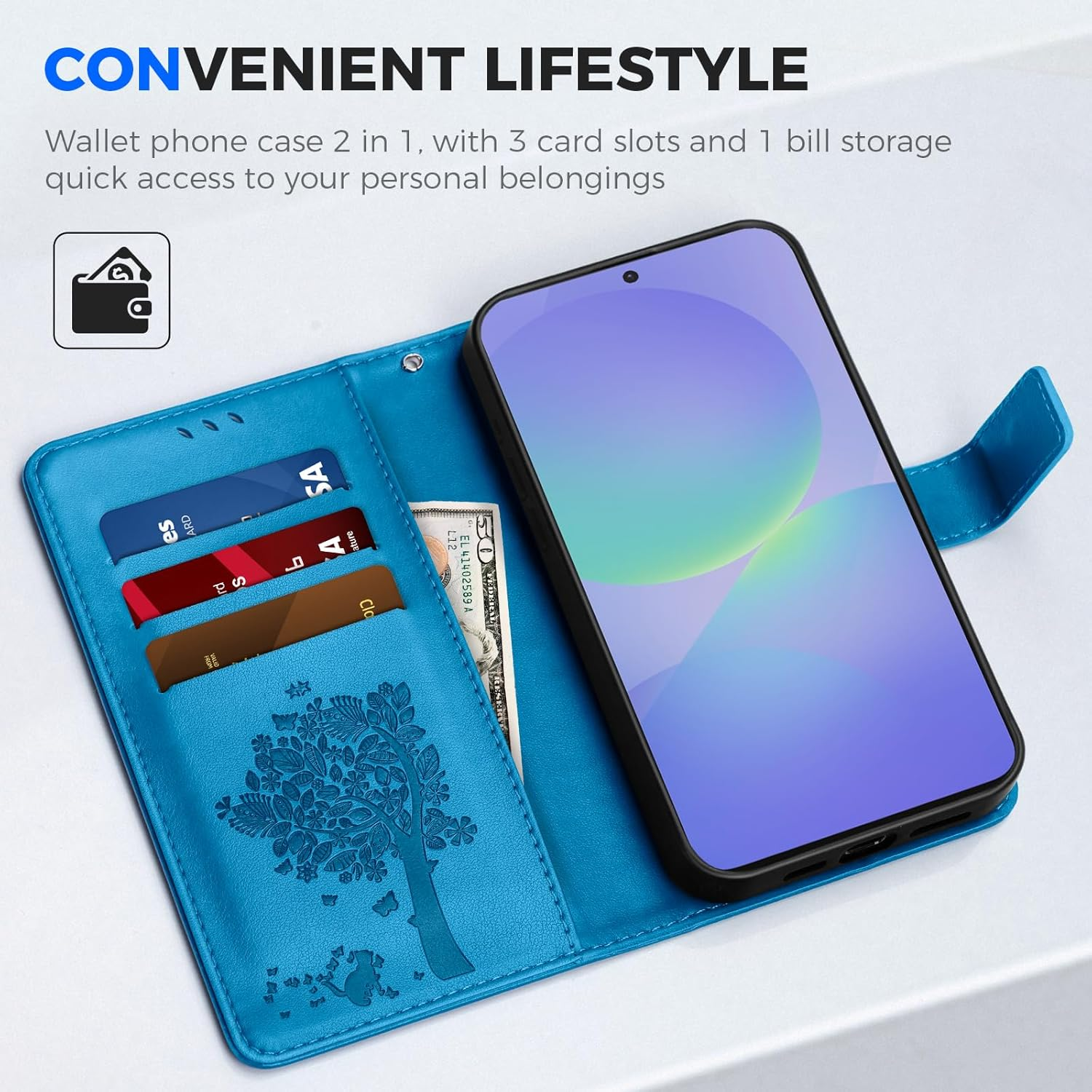 EASDNB Mobile Phone Case for Samsung Galaxy A36 5G Case, Flip Leather Wallet Case with [3 Card Slots] [Magnet] [Stand] Premium Leather Embossing Protective Flip Case for Samsung Galaxy A36, Blue