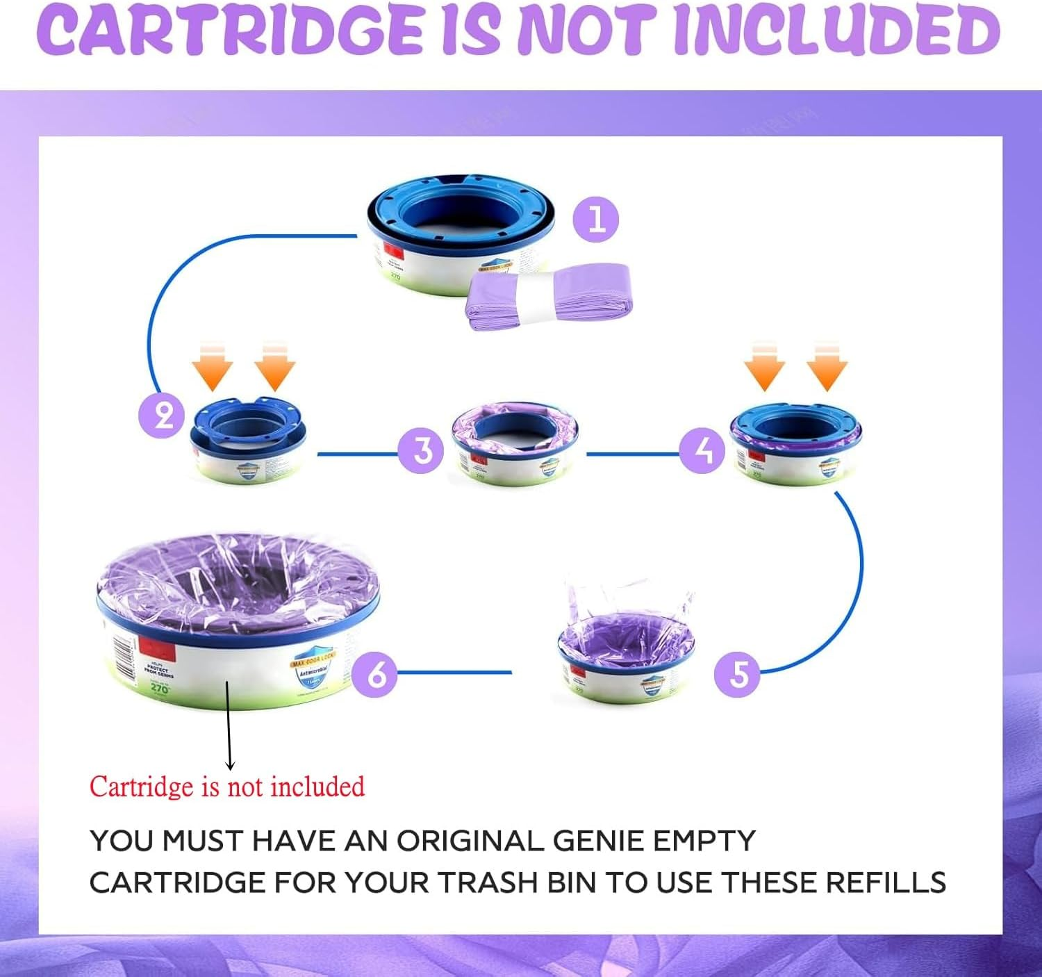 Nappy Bin Refill Bags Diaper Pail Refills Bag Diaper Bin Bags,4.5M Odor Blocking Diaper Pail Liner Cat Litter Refill Garbage Bags (8Pcs-Purple) image number 2