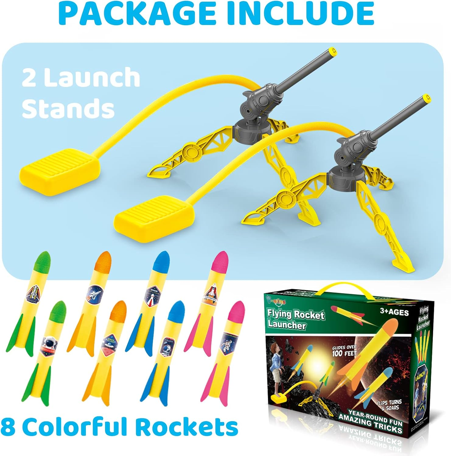 V-Opitos Rocket Launch Toys for Kids Age of 3, 4, 5, 6, 7, 8 Year Old Boys & Girls, 2 Pack Rocket Launchers with 8 Colorful Foam Rockets, Top Outdoor Game, Ideal Christmas & Birthday Gift image number 1