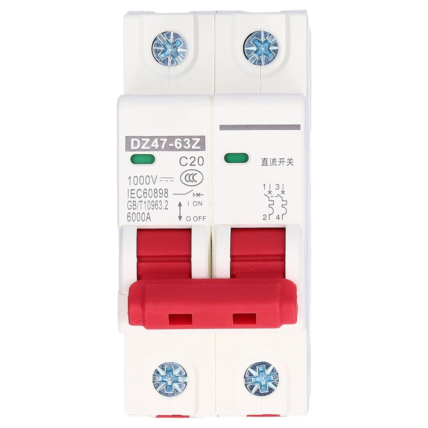 DC Miniature Circuit Breaker, Din Rail Mount Disconnect Switch Low Voltage Breaker Protector Thermal Magnetic Trip 2 Pole 1000V 20 Amp Isolator Suitable for Solar Panels Grid System image number 2