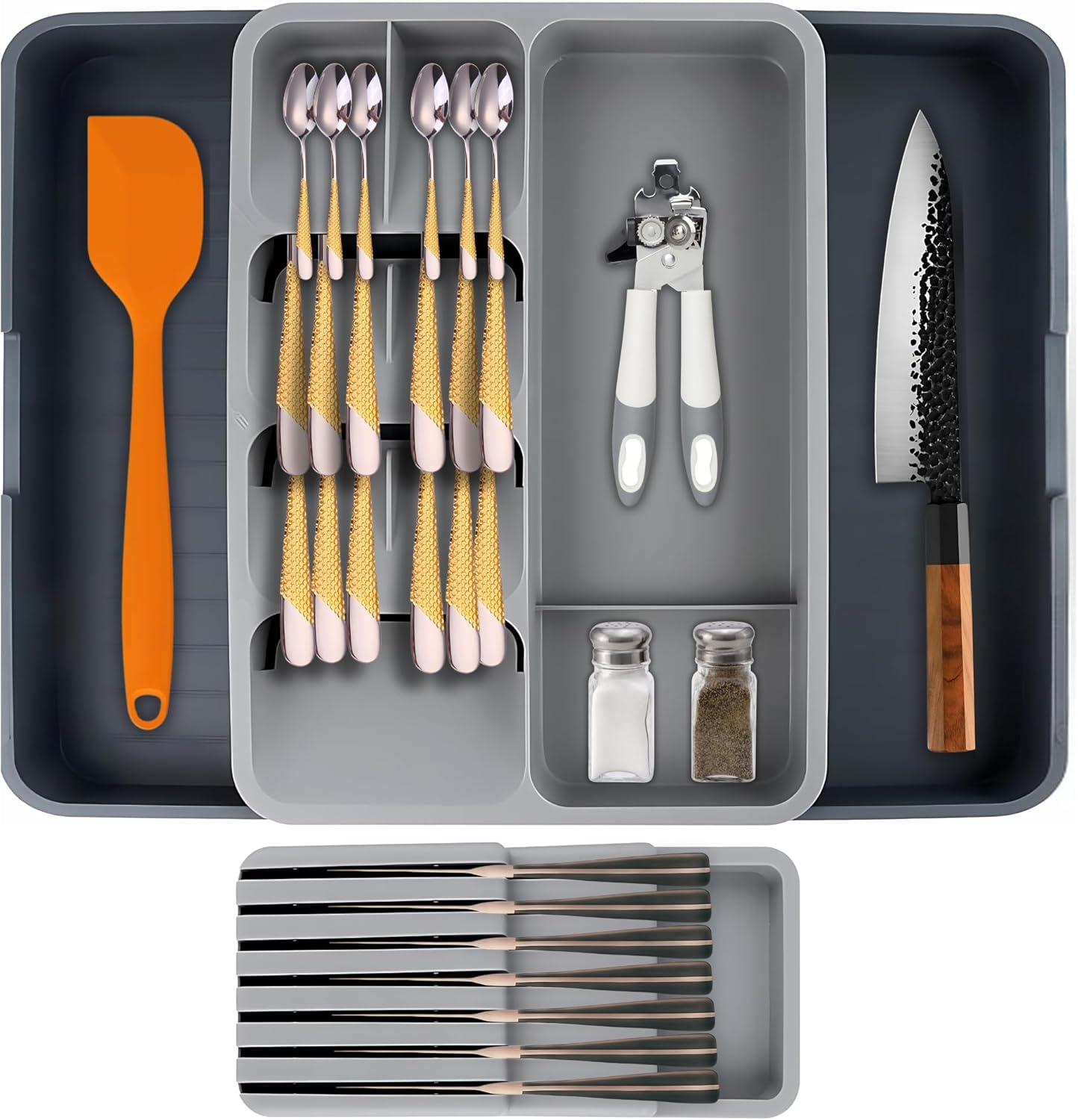 Daffodily Premium Cutlery Drawer Organiser Adjustable Cutlery Tray Extendable Kitchen Drawer Organiser for Forks, Spoons, Knives - Silverware & Flatware Holder. (TRAY + KNIFE BLOCK)