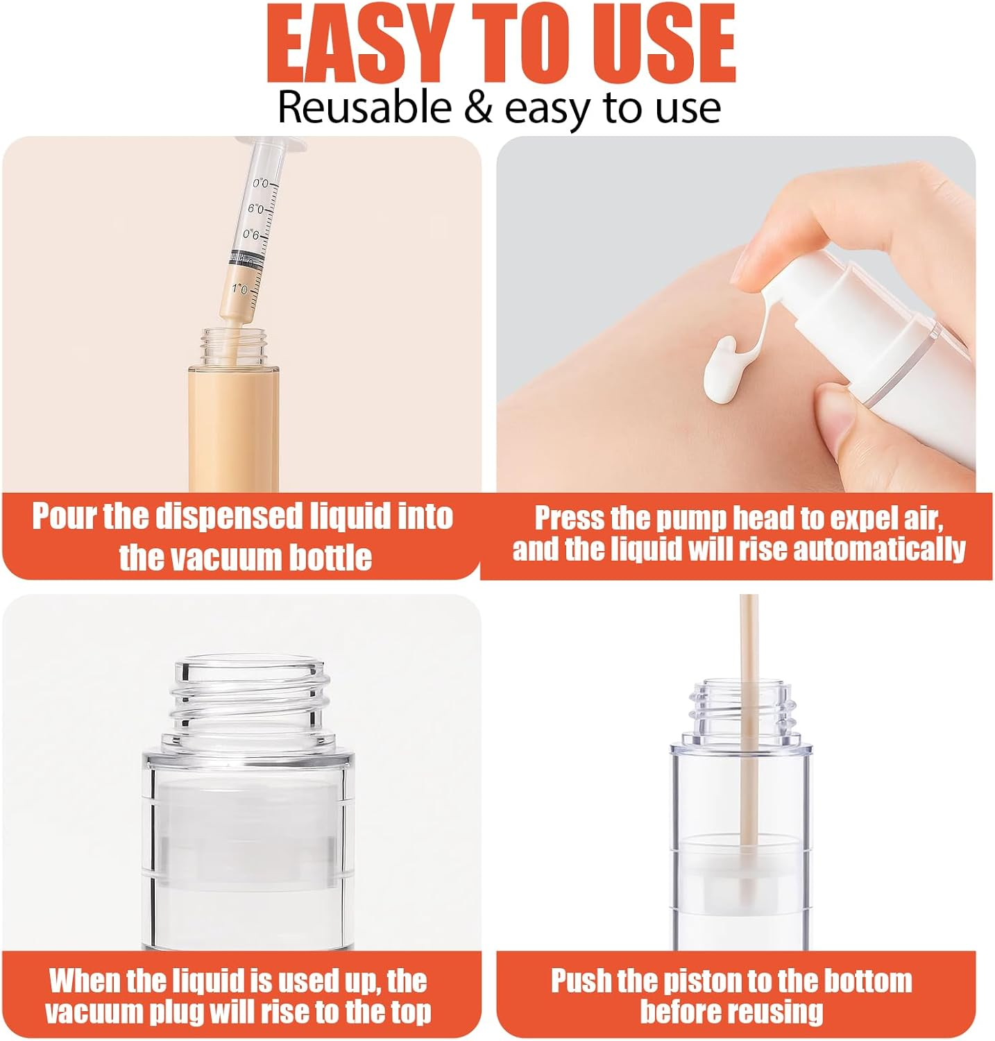 4 Pack 10Ml Clear Airless Pump Bottles, Refillable Vacuum Cosmetic Travel Containers, Leak-Proof Press Bottles for DIY Foundation, Gel, Essence, Lotion & Moisturizer image number 2