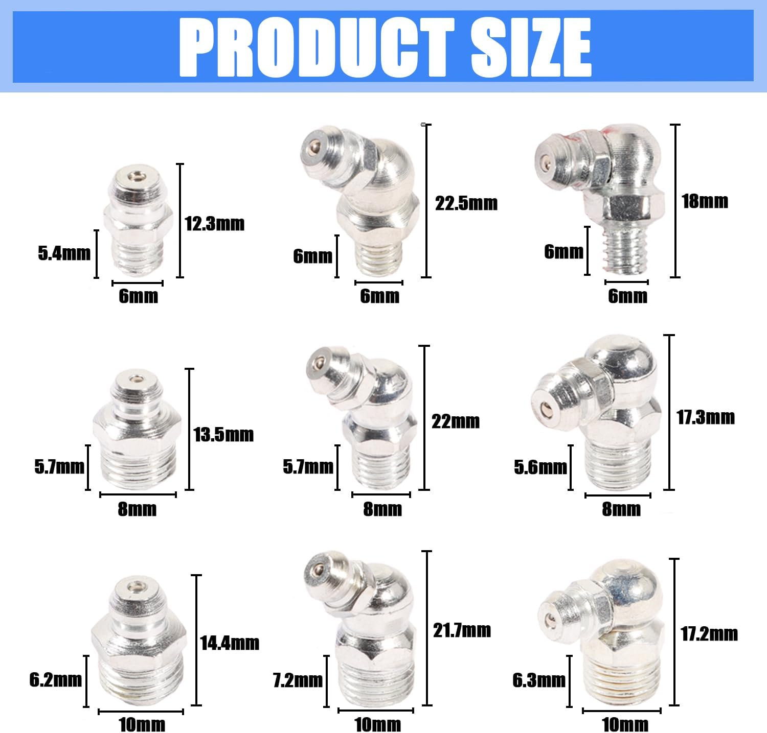 Grease Fitting Kit, M6 M8 M10 Metric Hydraulic Grease Zerks with Straight Head 45&deg; 90&deg; Angled Heads and Plastic Caps, for Automotive Industrial Lubrication image number 3