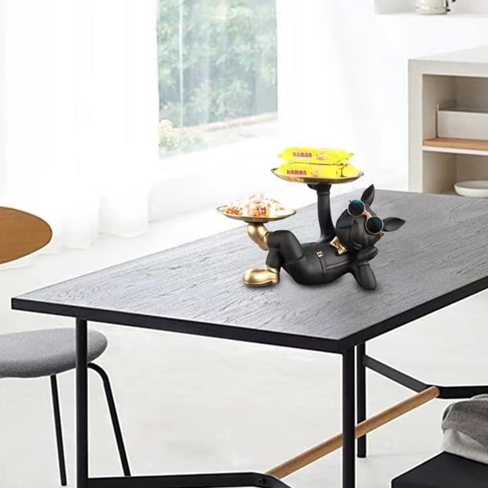 BAOJULONG Cool Resin Dog Statue Black 2 Metal Trays with Cute Glasses French Bulldog Figurine Sculptures Home Decor Gift